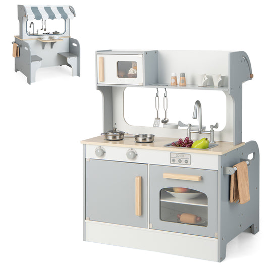 Double Sided Kids Pretend Kitchen Playset with 2-Seat Cafe-Gray Kids Crystal