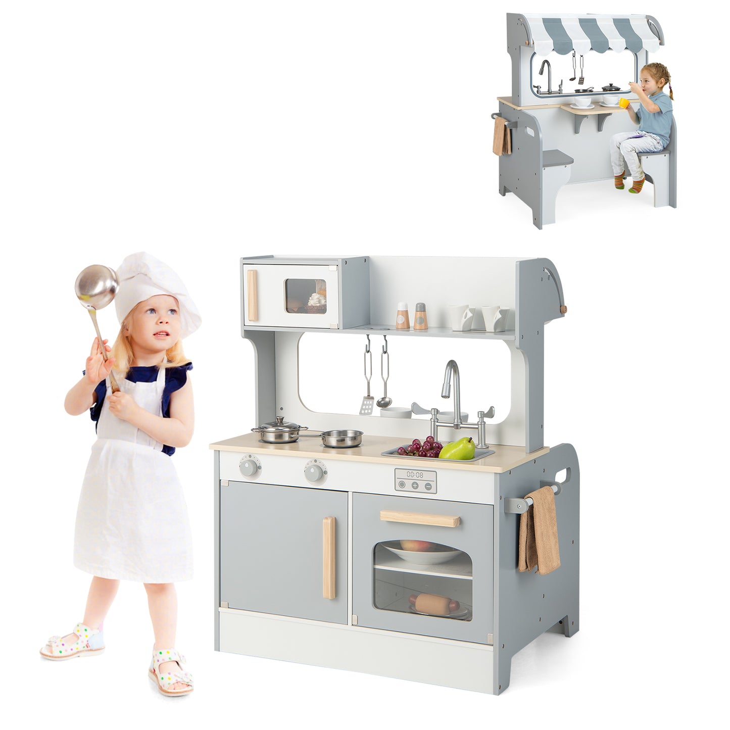 Double Sided Kids Pretend Kitchen Playset with 2-Seat Cafe-Gray Kids Crystal