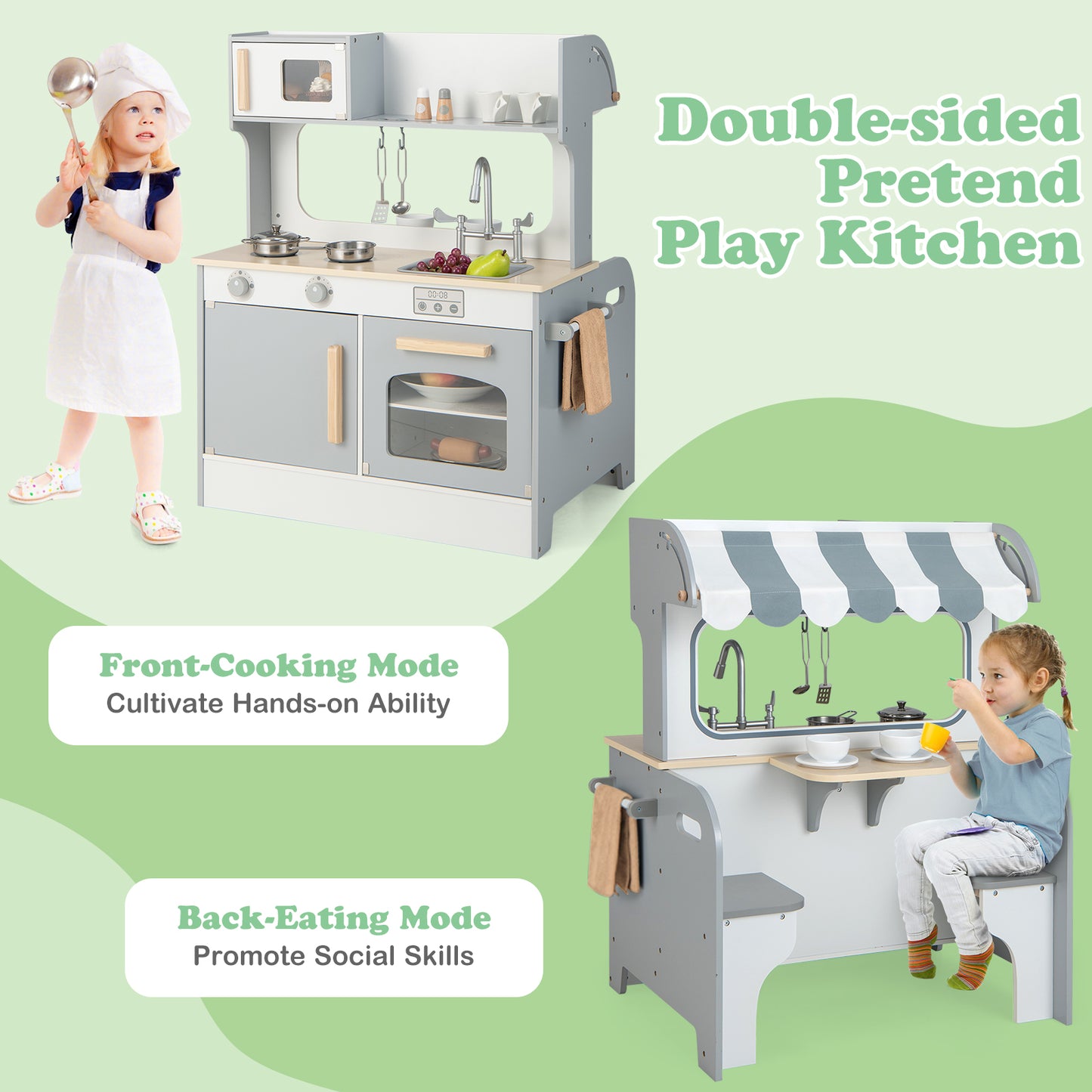 Double Sided Kids Pretend Kitchen Playset with 2-Seat Cafe-Gray Kids Crystal