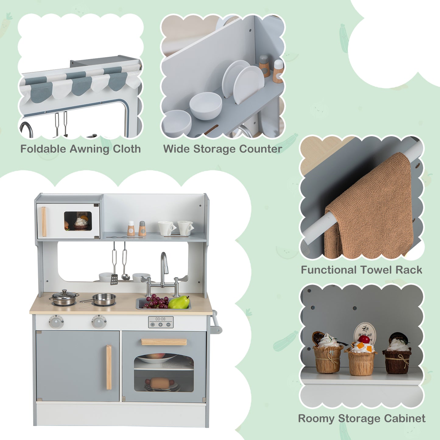 Double Sided Kids Pretend Kitchen Playset with 2-Seat Cafe-Gray Kids Crystal
