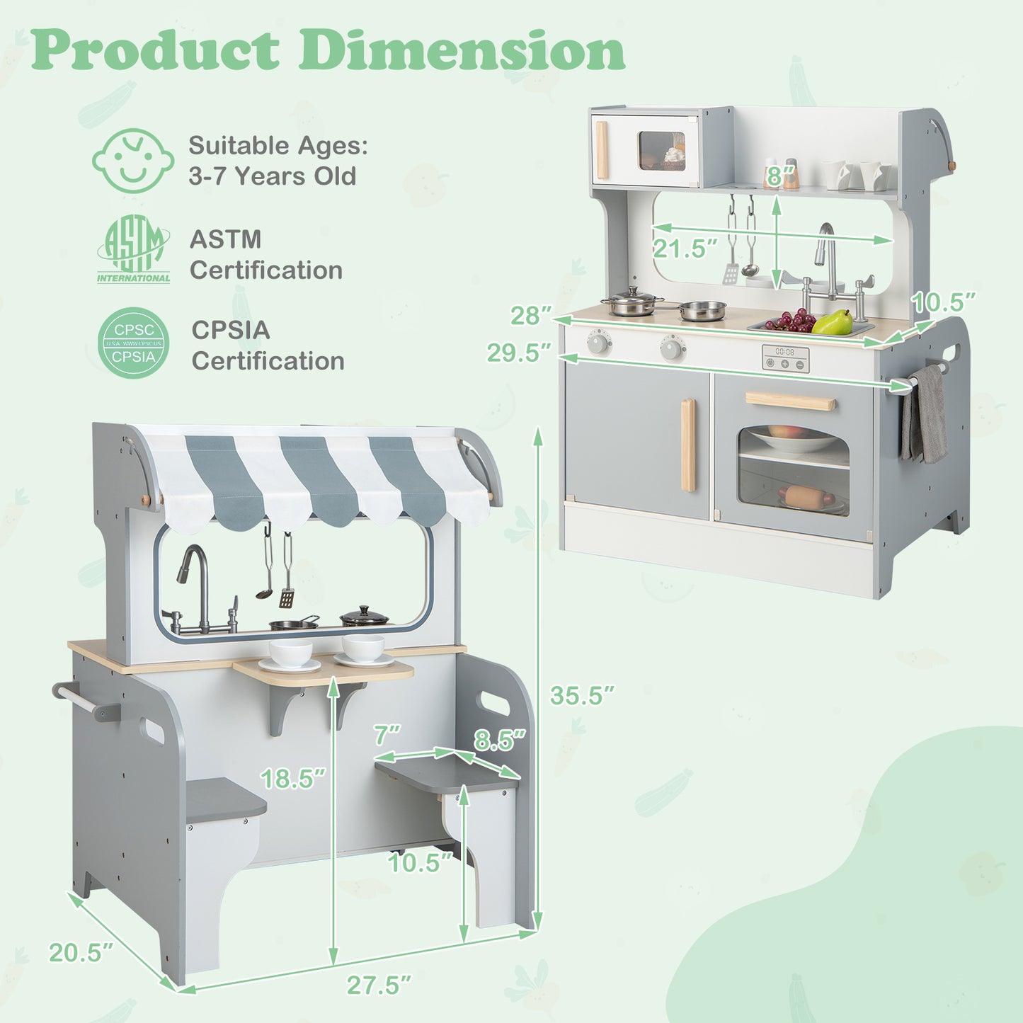 Double Sided Kids Pretend Kitchen Playset with 2-Seat Cafe-Gray Kids Crystal