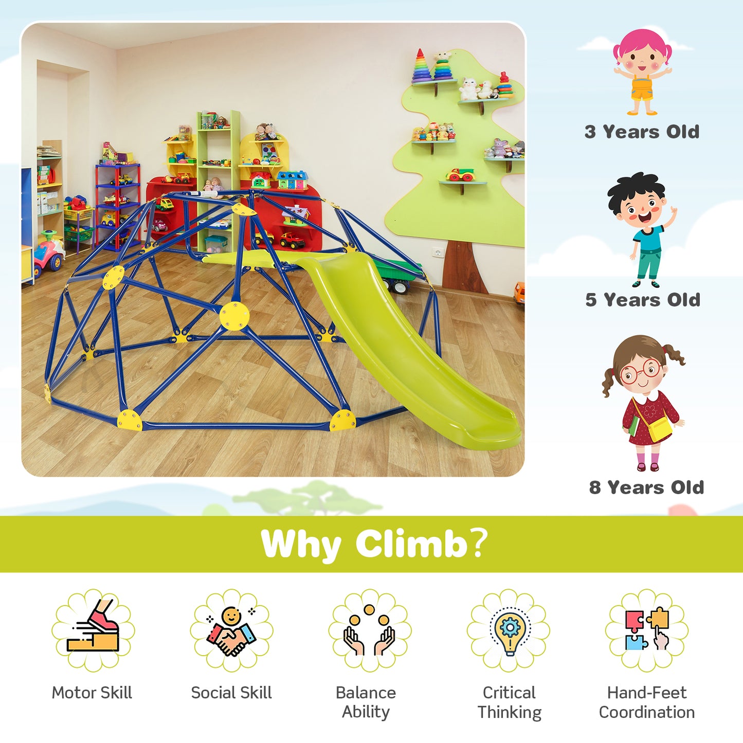 Kids Climbing Dome with Slide and Fabric Cushion for Garden Yard-Blue Kids Crystal