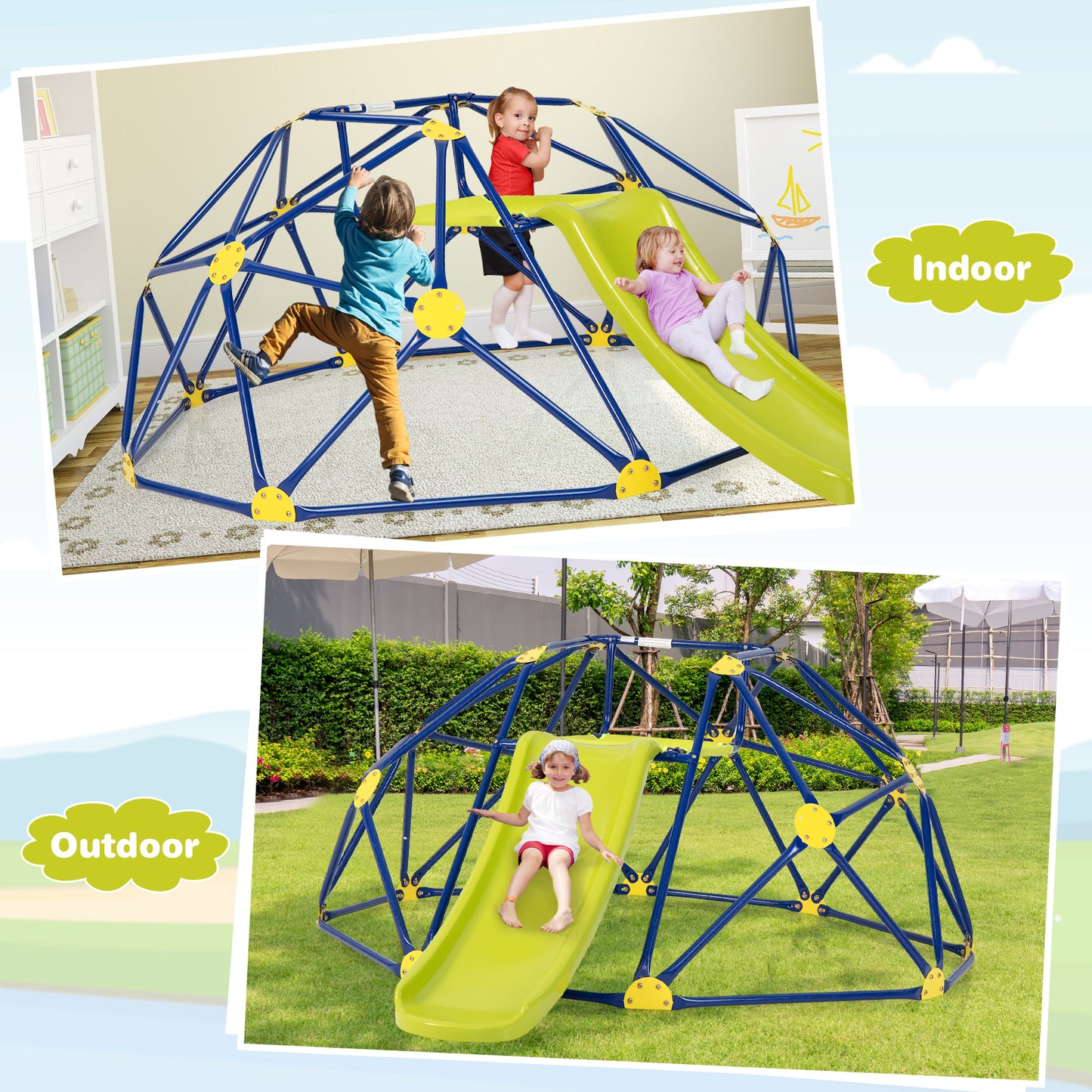 Kids Climbing Dome with Slide and Fabric Cushion for Garden Yard-Blue Kids Crystal