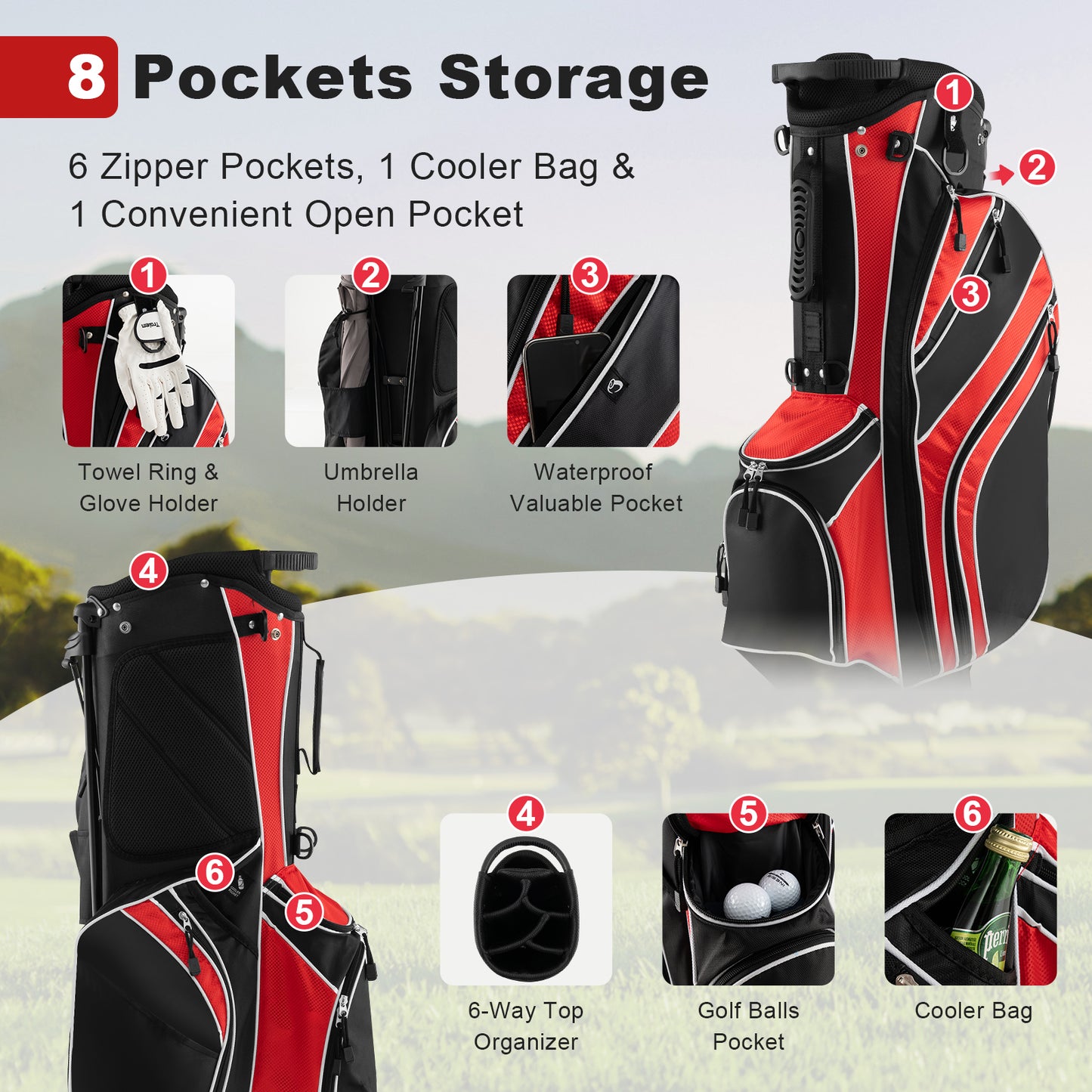 Golf Stand Cart Bag with 6 Way Divider Carry Pockets-Red Kids Crystal