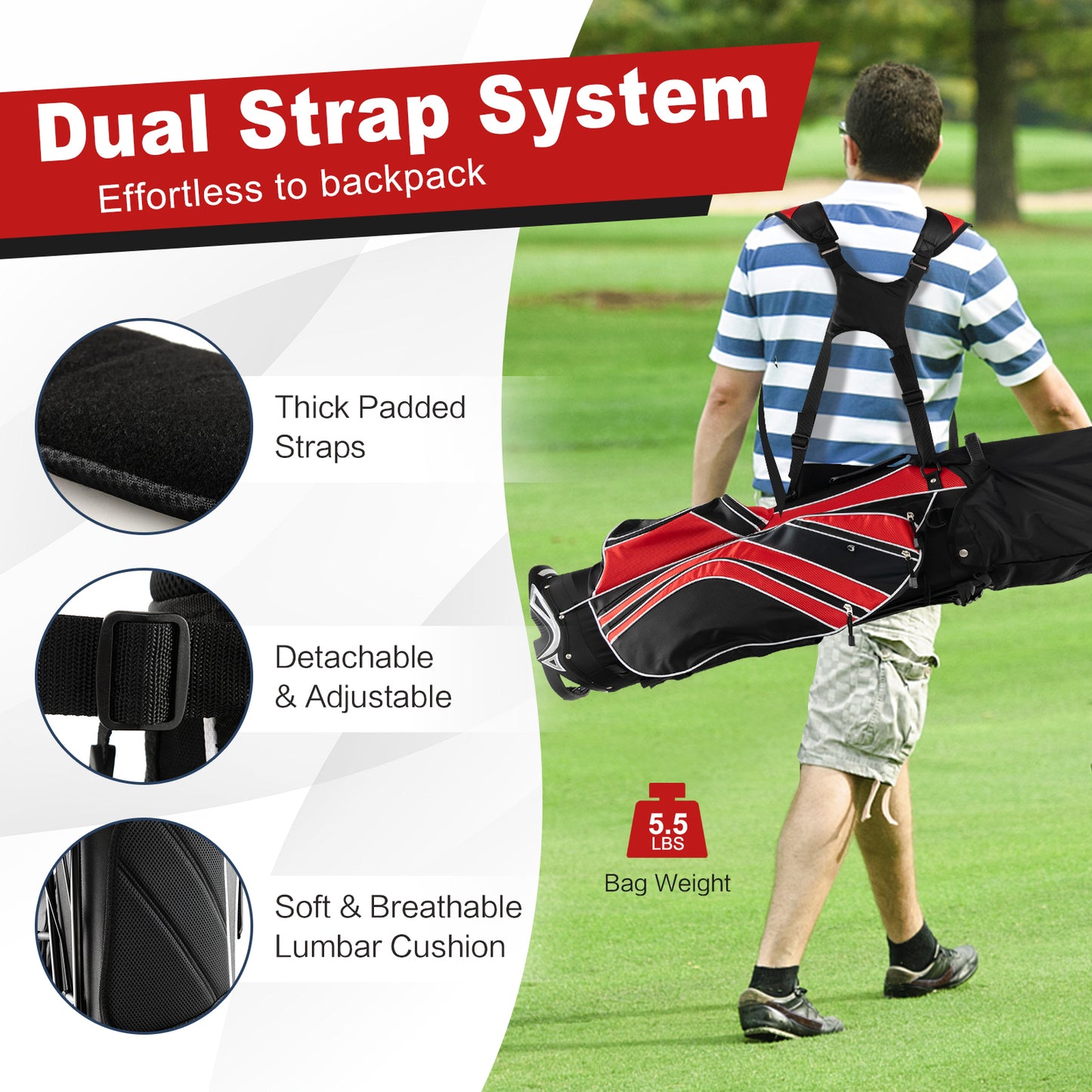 Golf Stand Cart Bag with 6 Way Divider Carry Pockets-Red Kids Crystal