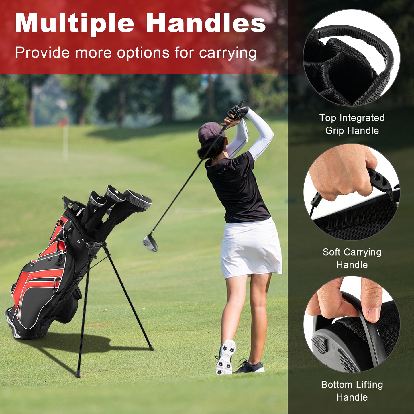 Golf Stand Cart Bag with 6 Way Divider Carry Pockets-Red Kids Crystal