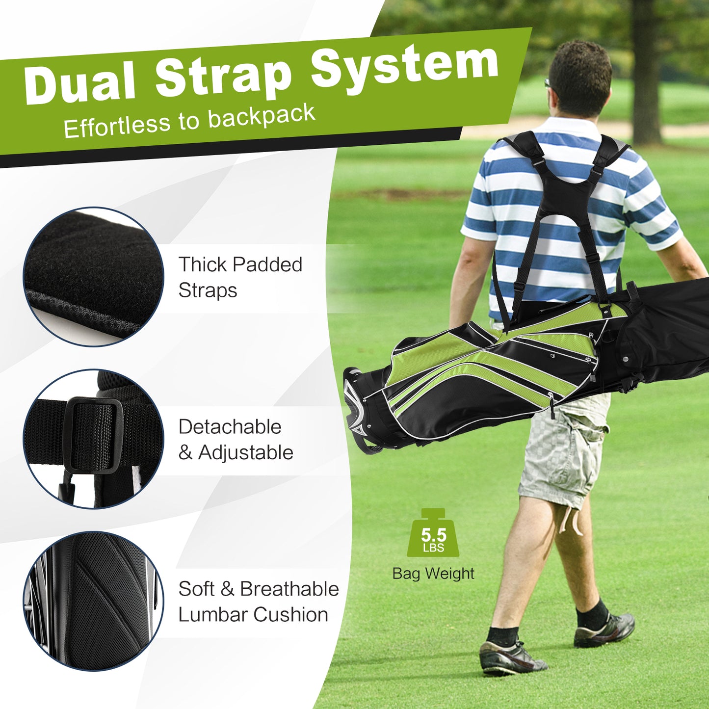 Golf Stand Cart Bag with 6 Way Divider Carry Pockets-Green Kids Crystal