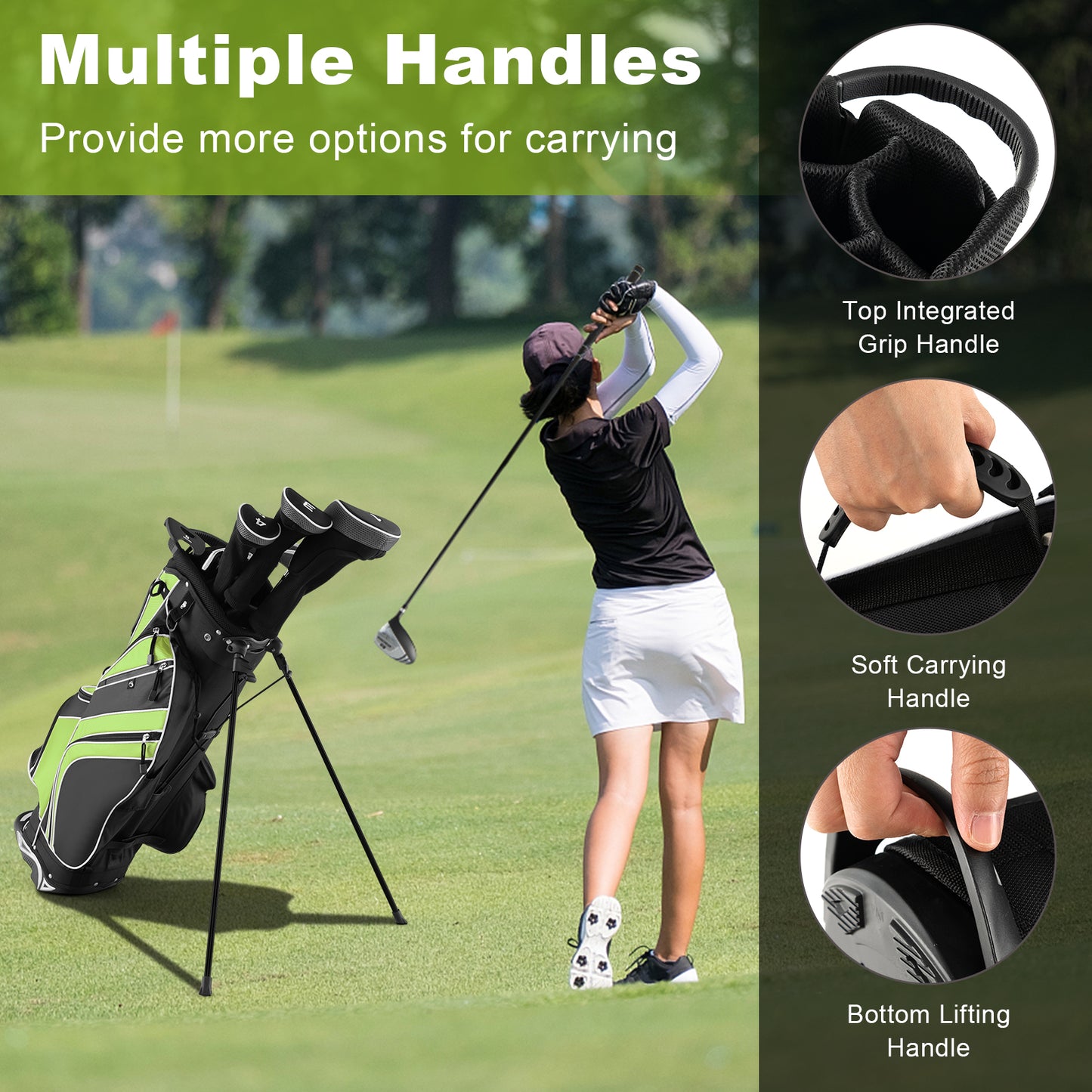 Golf Stand Cart Bag with 6 Way Divider Carry Pockets-Green Kids Crystal