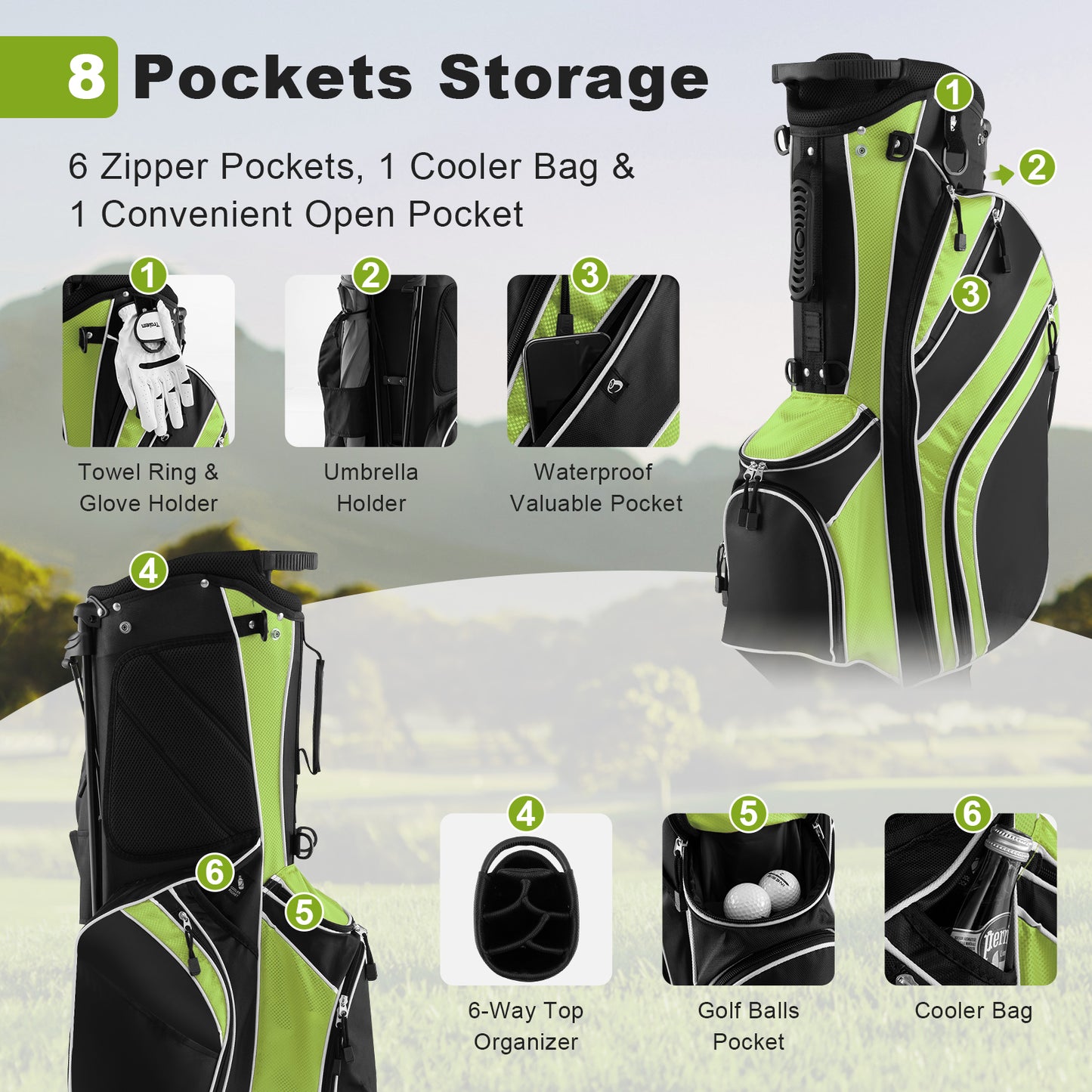 Golf Stand Cart Bag with 6 Way Divider Carry Pockets-Green Kids Crystal