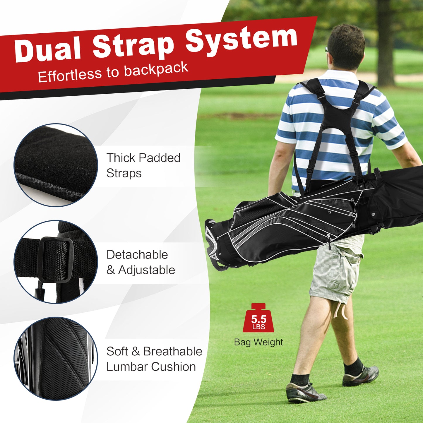 Golf Stand Cart Bag with 6-Way Divider Carry Pockets-Black Kids Crystal