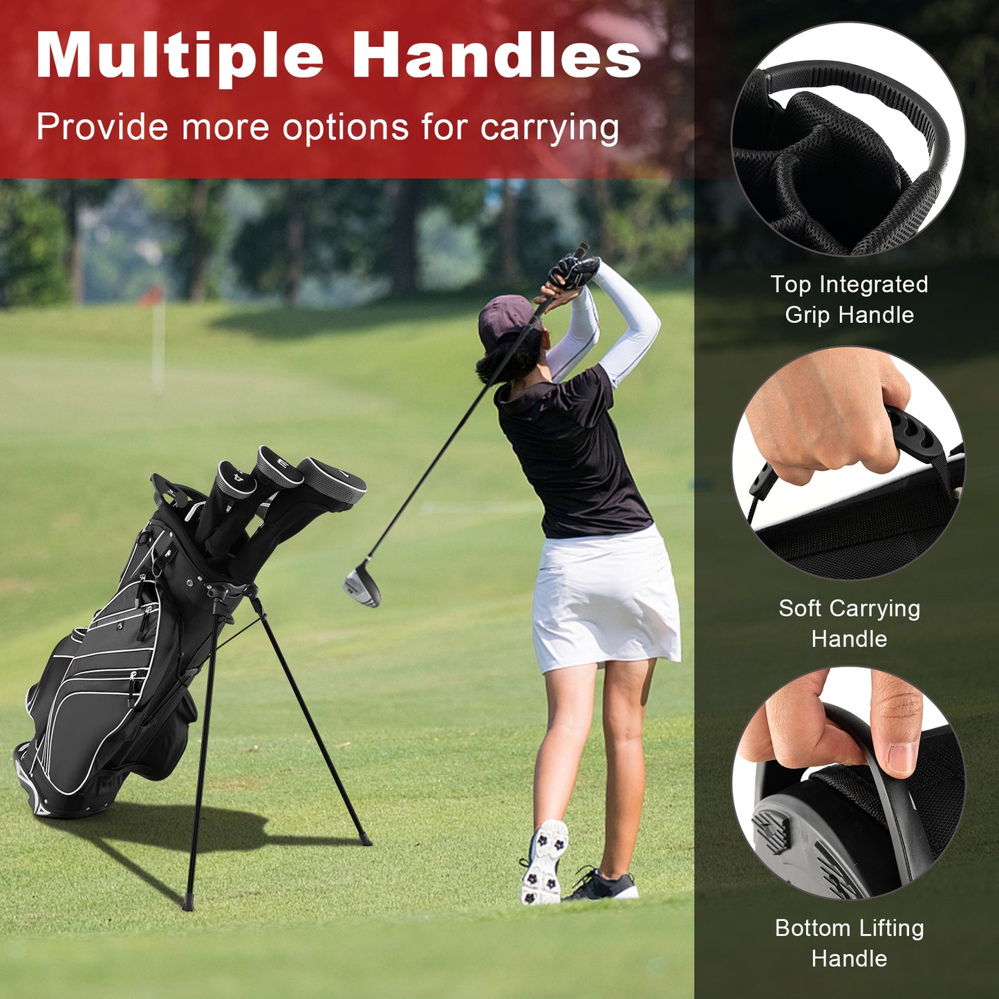 Golf Stand Cart Bag with 6-Way Divider Carry Pockets-Black Kids Crystal