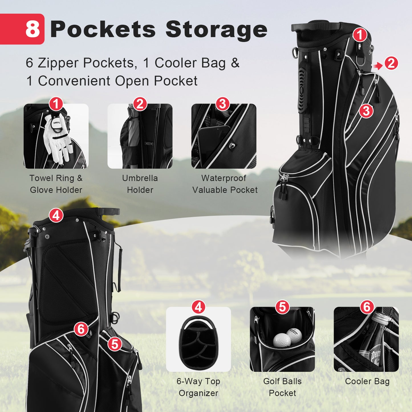 Golf Stand Cart Bag with 6-Way Divider Carry Pockets-Black Kids Crystal