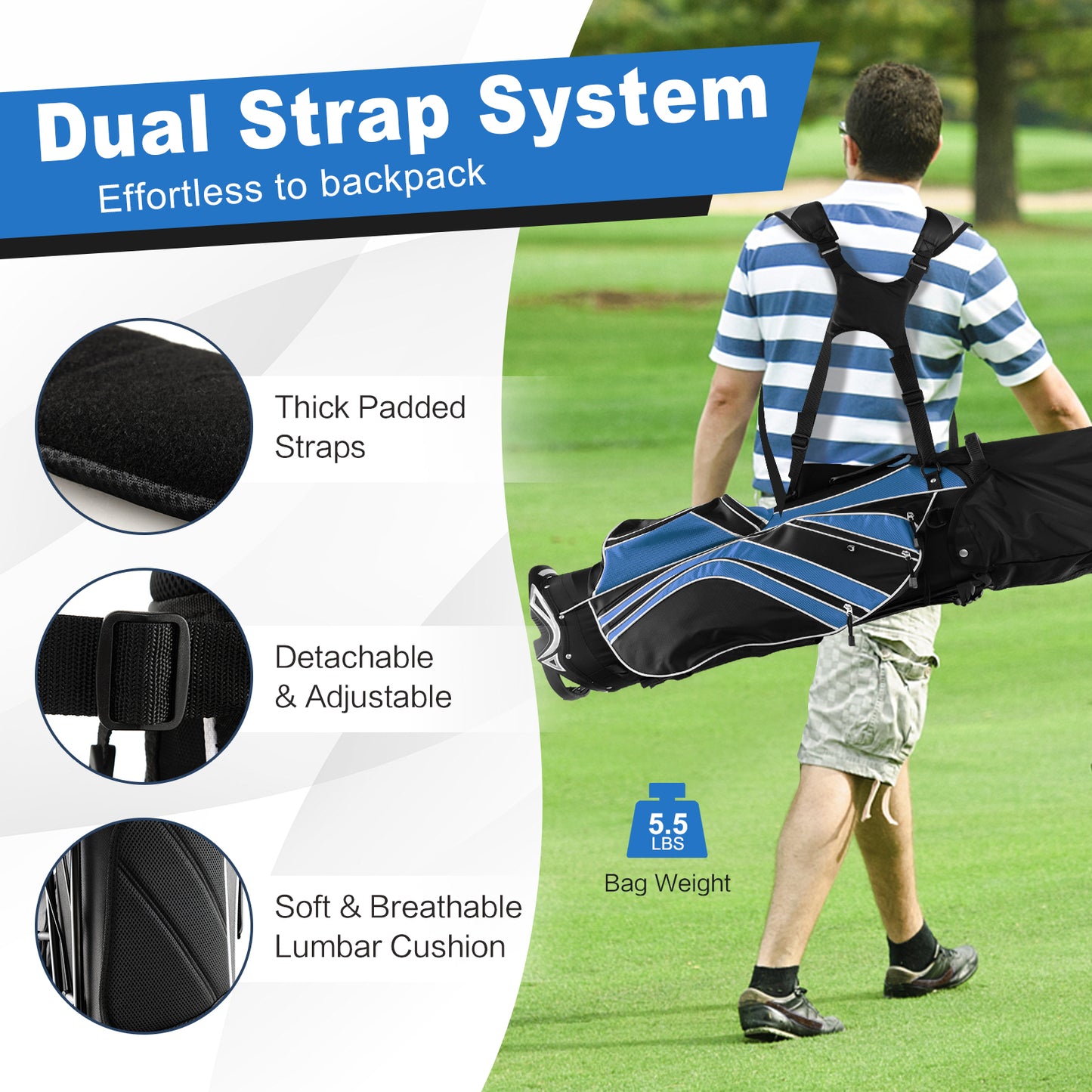 Golf Stand Cart Bag with 6-Way Divider Carry Pockets-Blue Kids Crystal