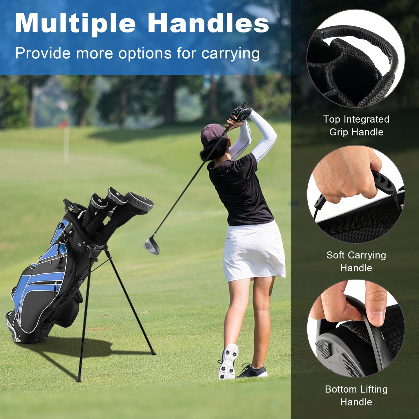 Golf Stand Cart Bag with 6-Way Divider Carry Pockets-Blue Kids Crystal