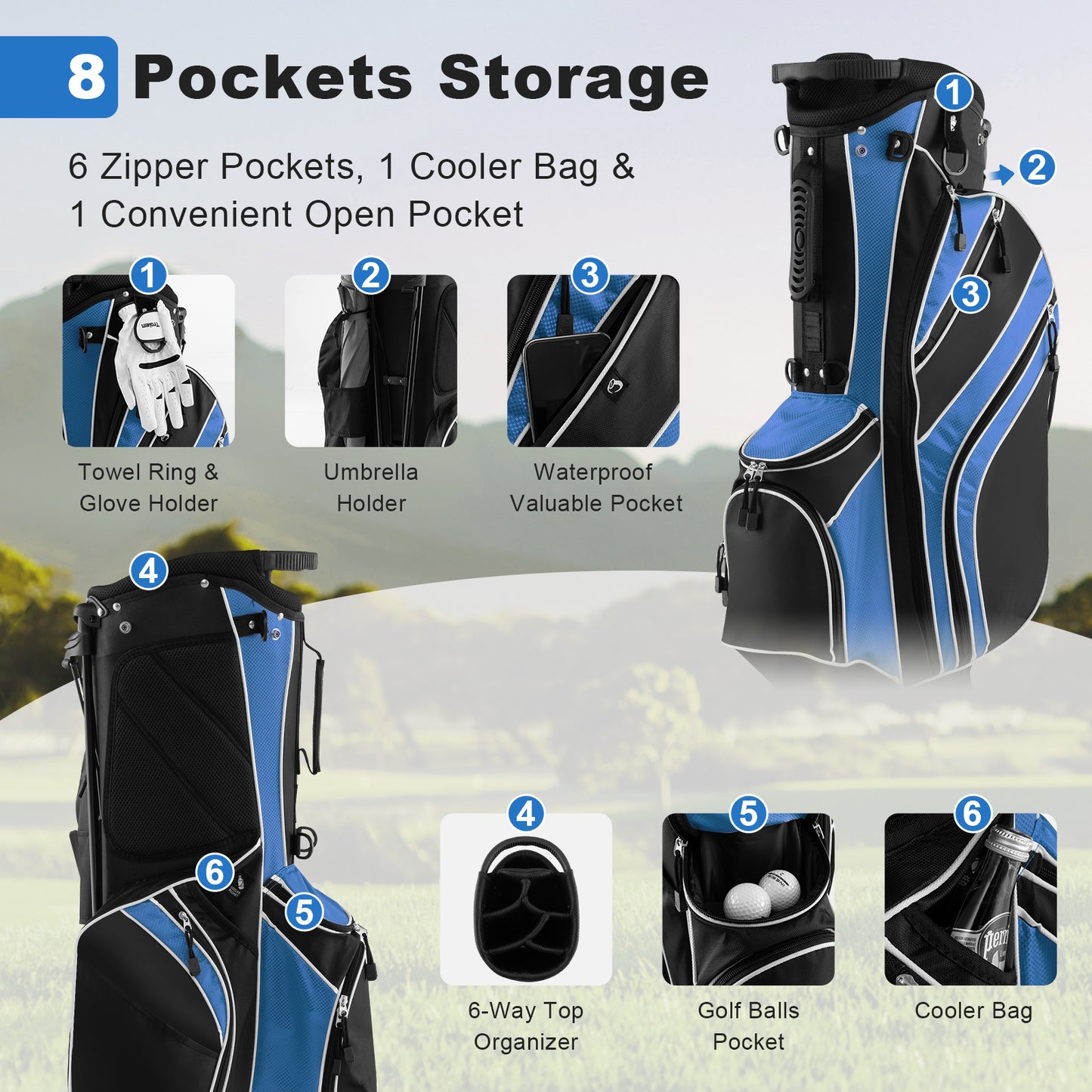 Golf Stand Cart Bag with 6-Way Divider Carry Pockets-Blue Kids Crystal