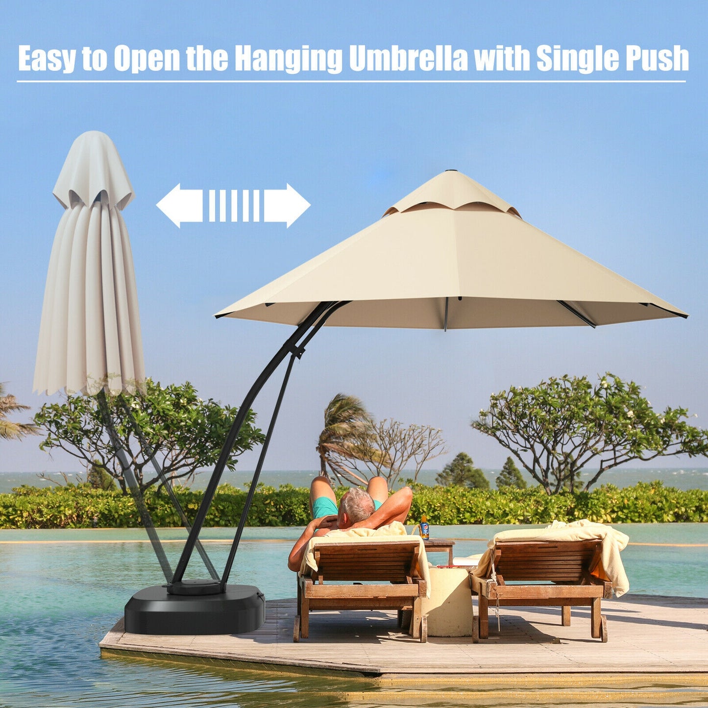 11 Feet Outdoor Cantilever Hanging Umbrella with Base and Wheels-Beige Kids Crystal