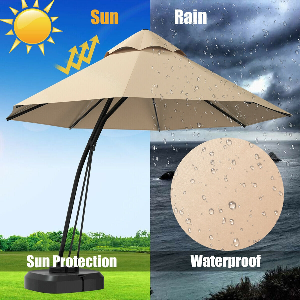 11 Feet Outdoor Cantilever Hanging Umbrella with Base and Wheels-Beige Kids Crystal