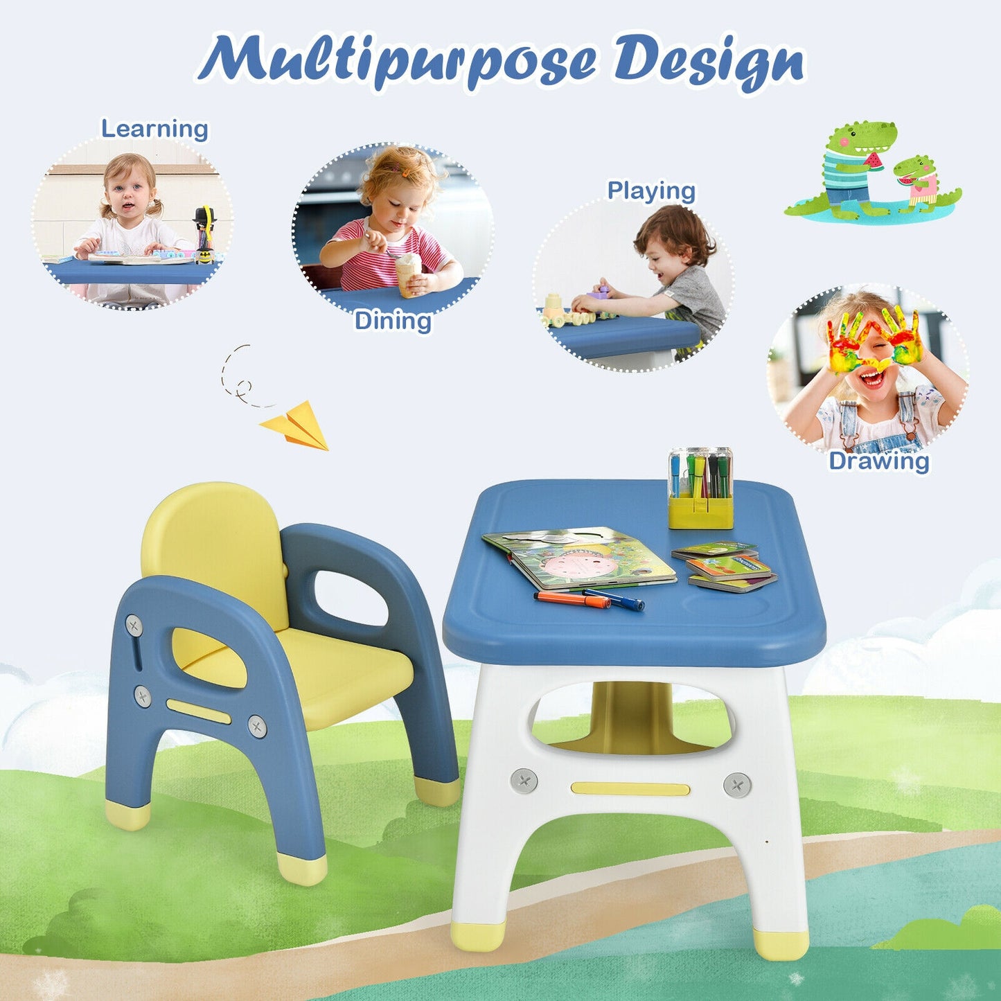 Kids Activity Table and Chair Set with Montessori Toys for Preschool and Kindergarten-Blue Kids Crystal