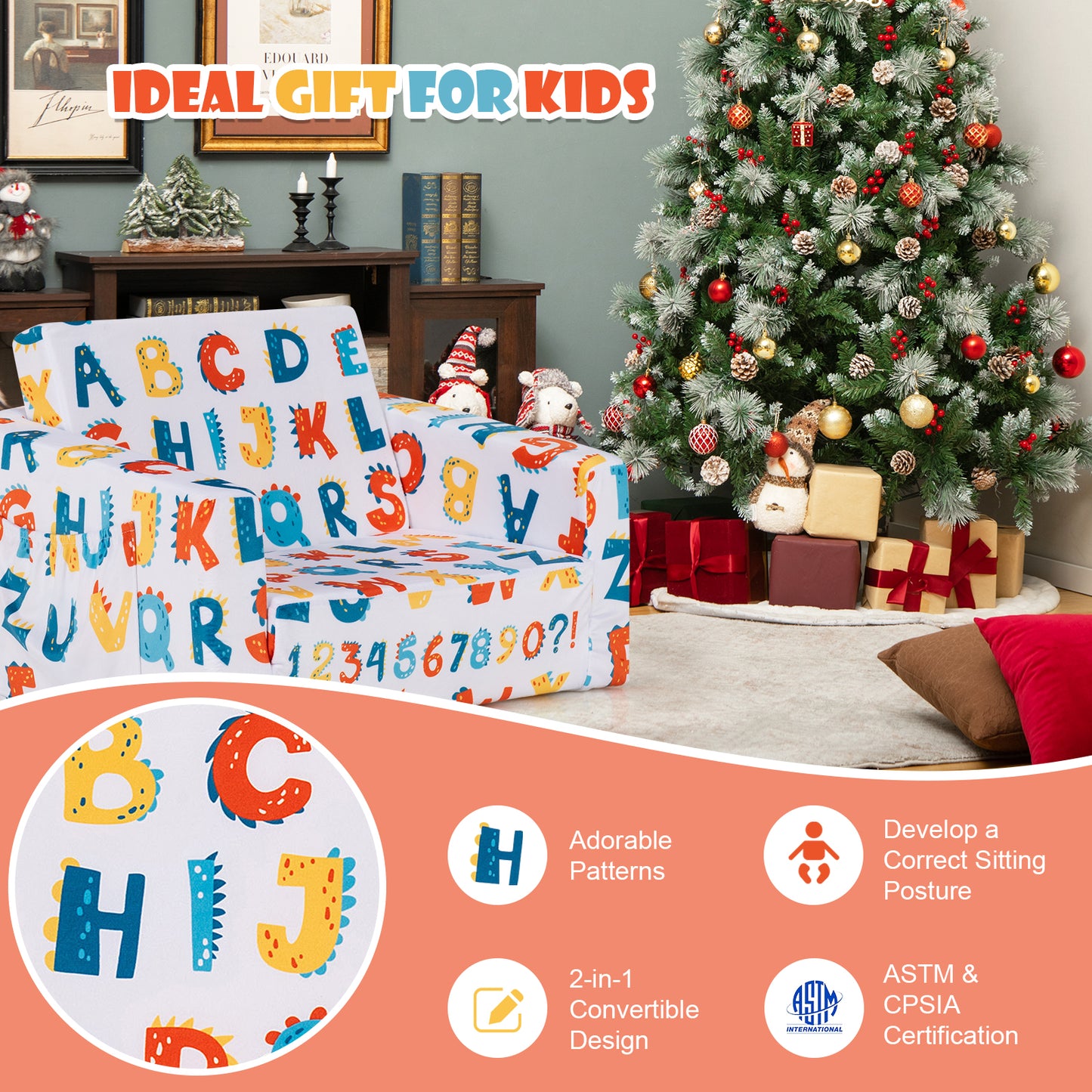 2-in-1 Convertible Kids Sofa with Velvet Fabric-Multicolor Kids Crystal