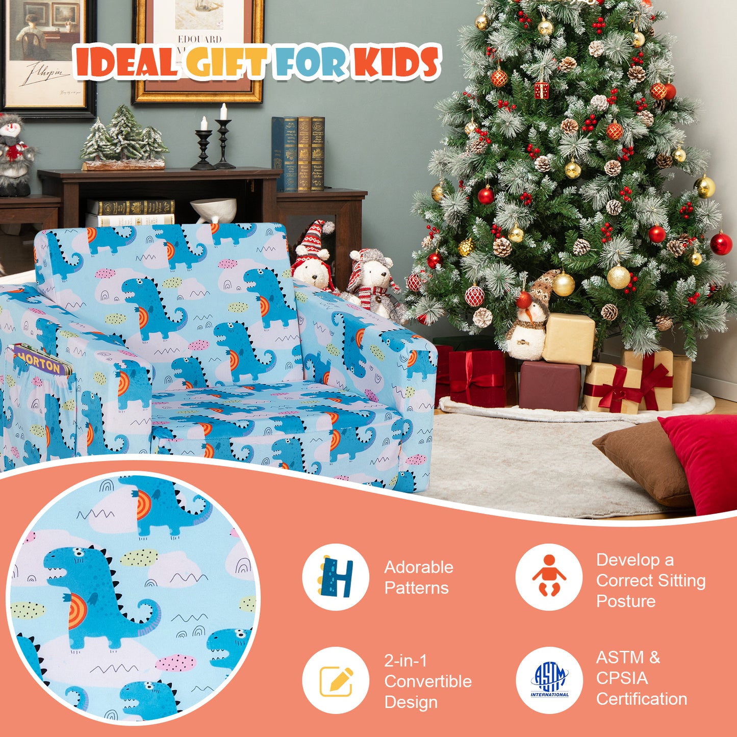 2-in-1 Convertible Kids Sofa with Velvet Fabric-Light Blue Kids Crystal