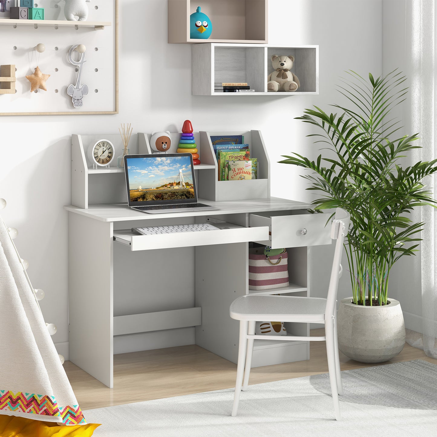 Kids Study Desk Children Writing Table with Hutch Drawer Shelves and Keyboard Tray-White Kids Crystal