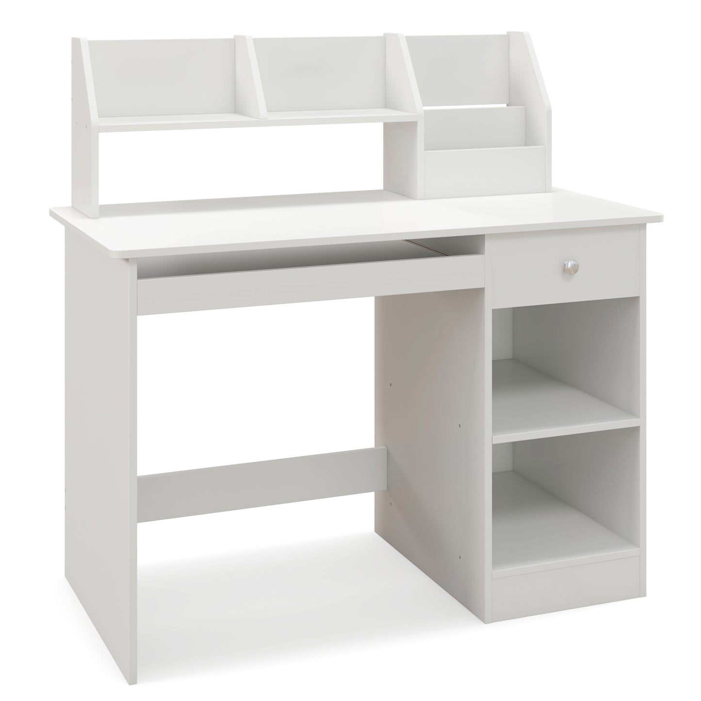 Kids Study Desk Children Writing Table with Hutch Drawer Shelves and Keyboard Tray-White Kids Crystal