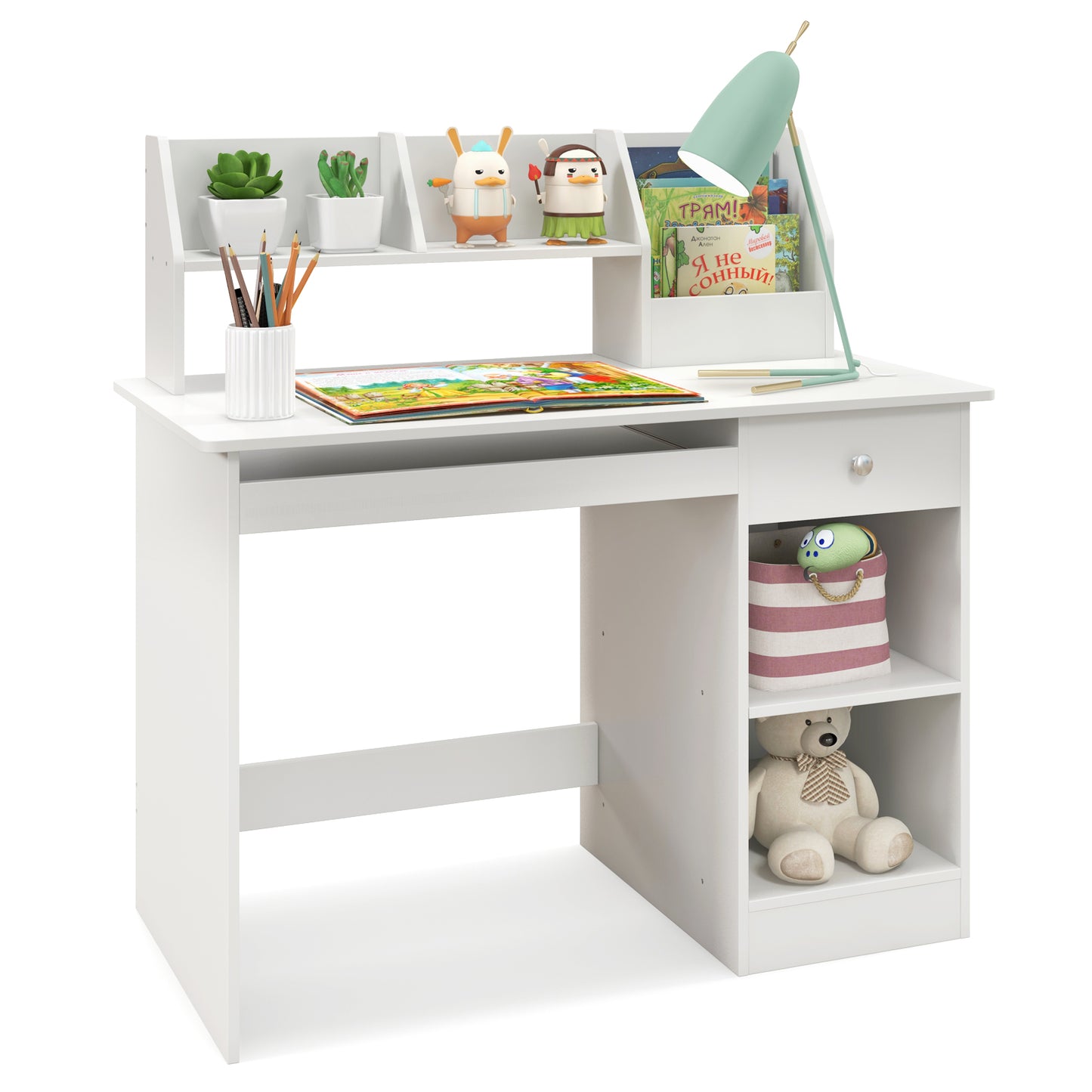 Kids Study Desk Children Writing Table with Hutch Drawer Shelves and Keyboard Tray-White Kids Crystal