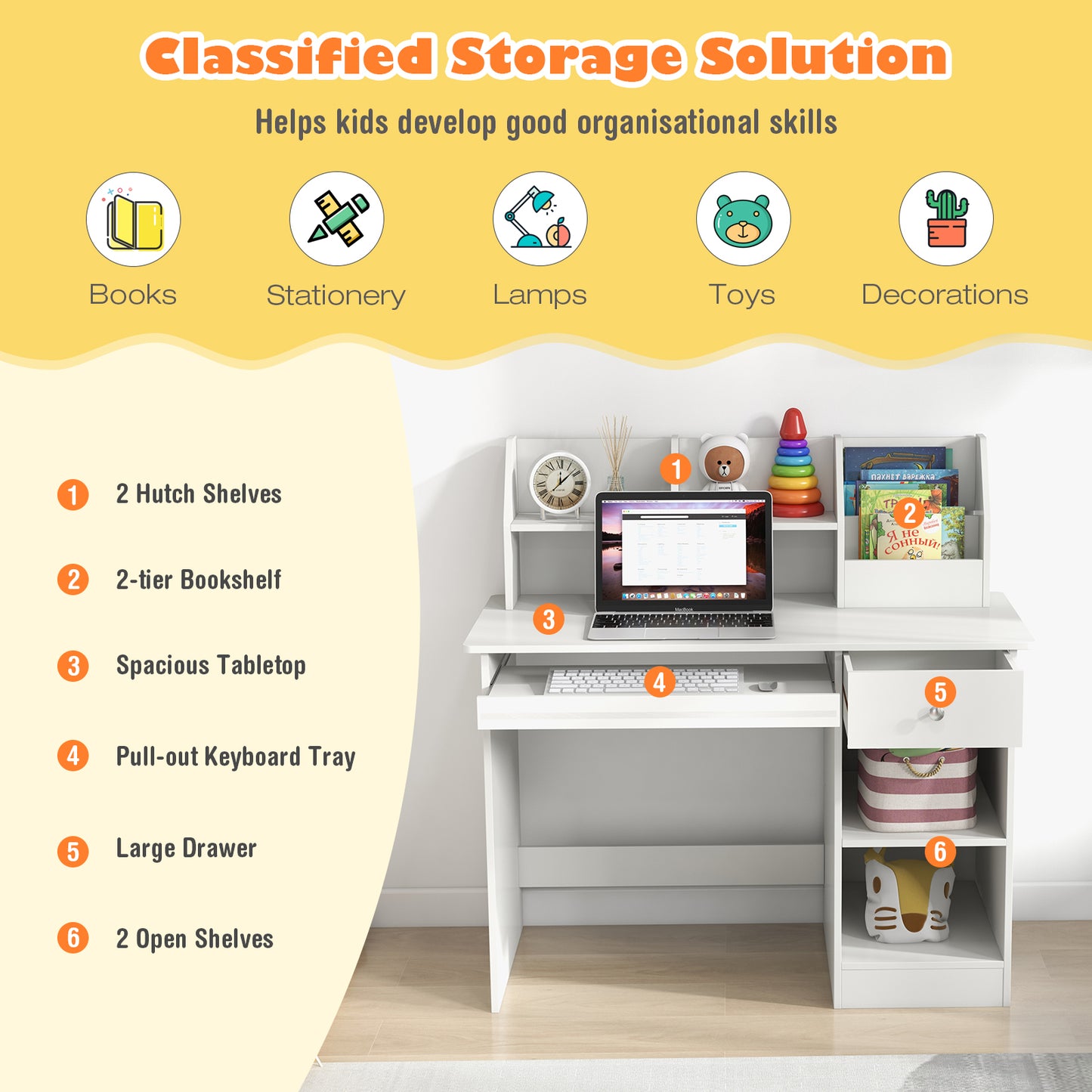 Kids Study Desk Children Writing Table with Hutch Drawer Shelves and Keyboard Tray-White Kids Crystal