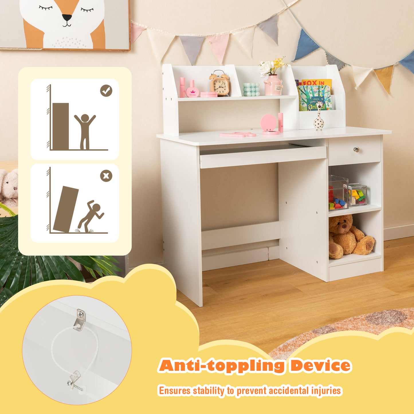 Kids Study Desk Children Writing Table with Hutch Drawer Shelves and Keyboard Tray-White Kids Crystal