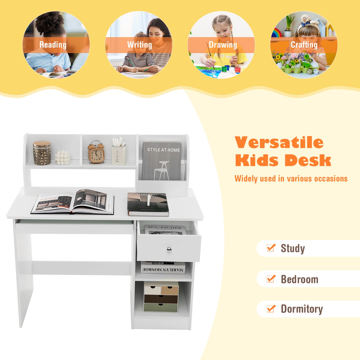 Kids Study Desk Children Writing Table with Hutch Drawer Shelves and Keyboard Tray-White Kids Crystal