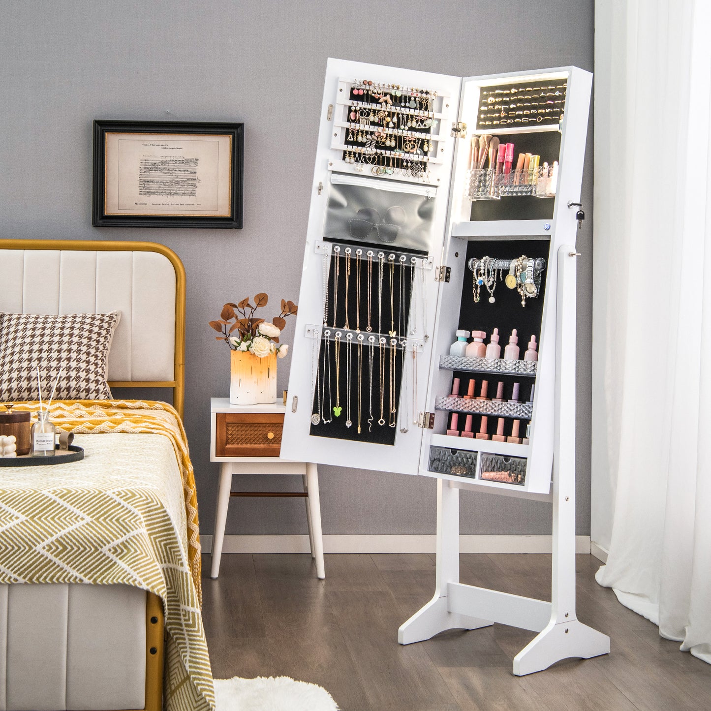 Lockable Jewelry Armoire Standing Cabinet with Lighted Full-Length Mirror-White Kids Crystal