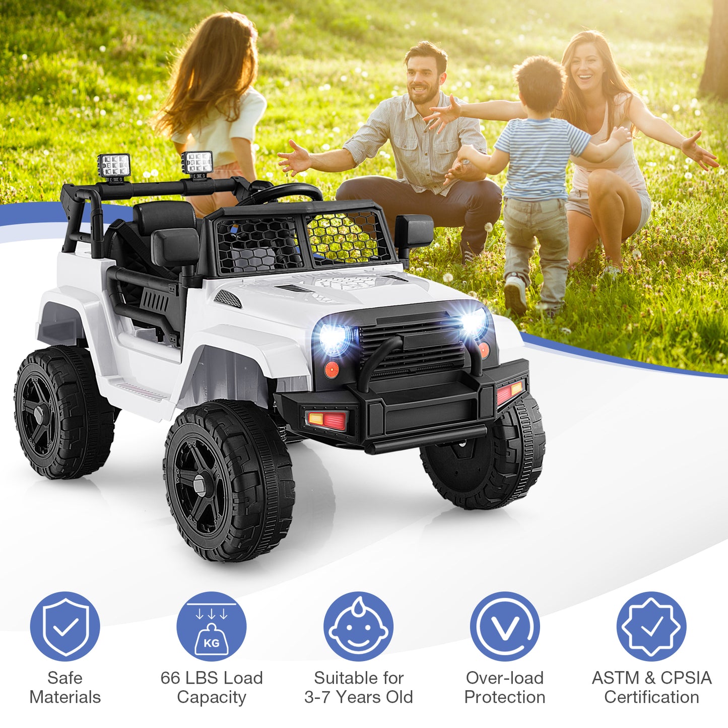 12V Kids Ride On Truck with Remote Control and Headlights-White Kids Crystal