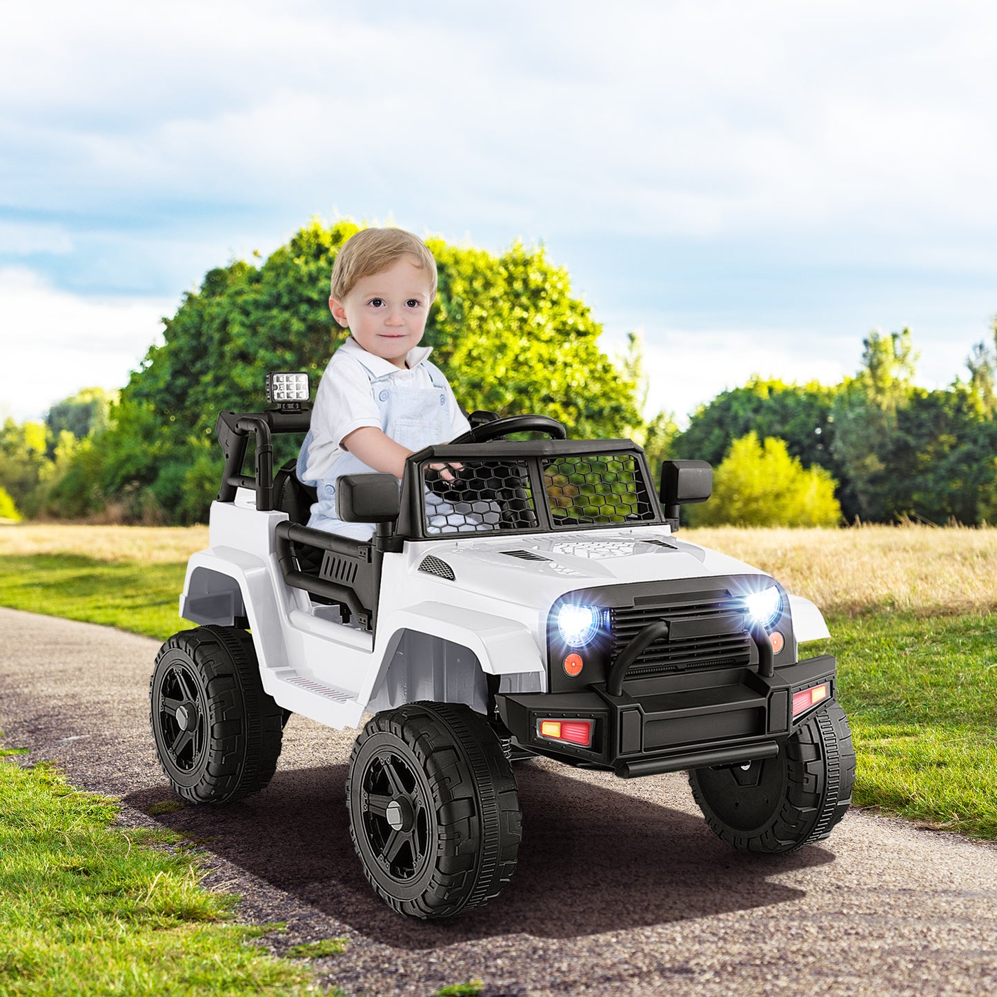 12V Kids Ride On Truck with Remote Control and Headlights-White Kids Crystal