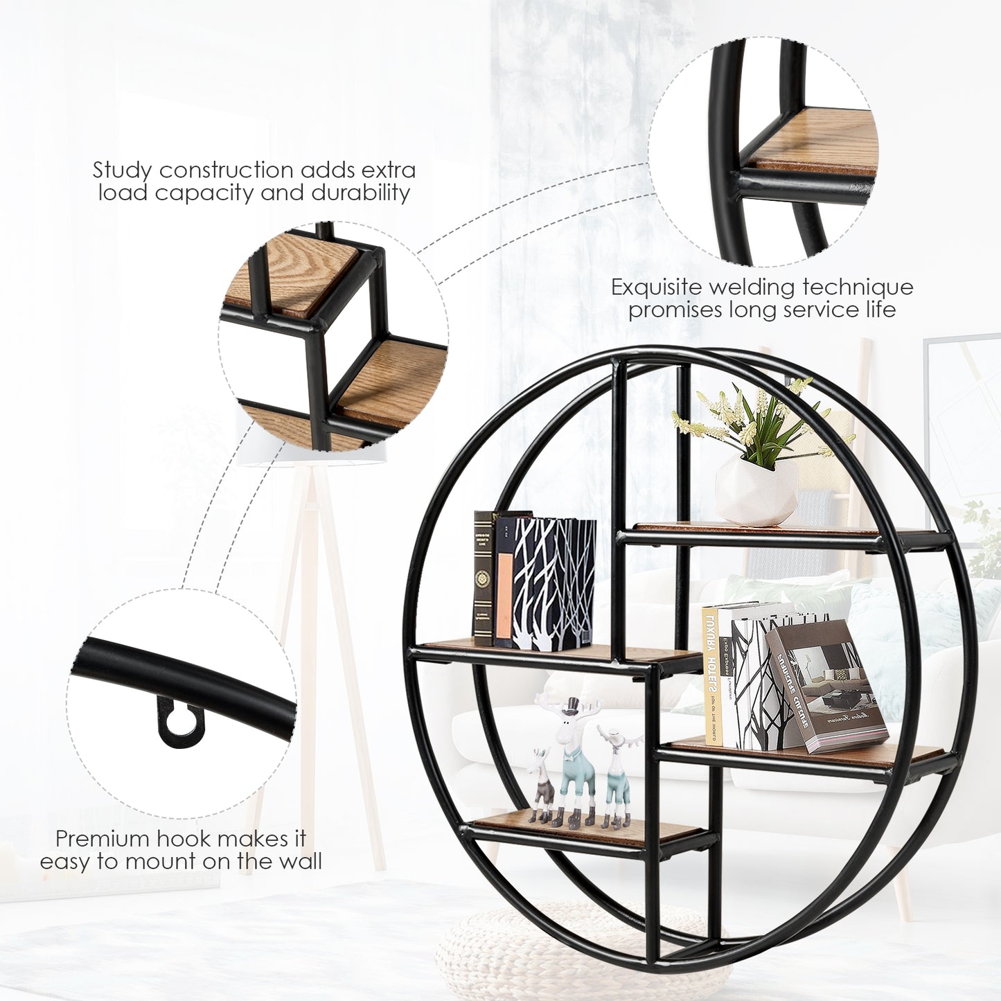 Hanging Storage Shelf Circular Wall-Mounted 4-Tier Rack Kids Crystal