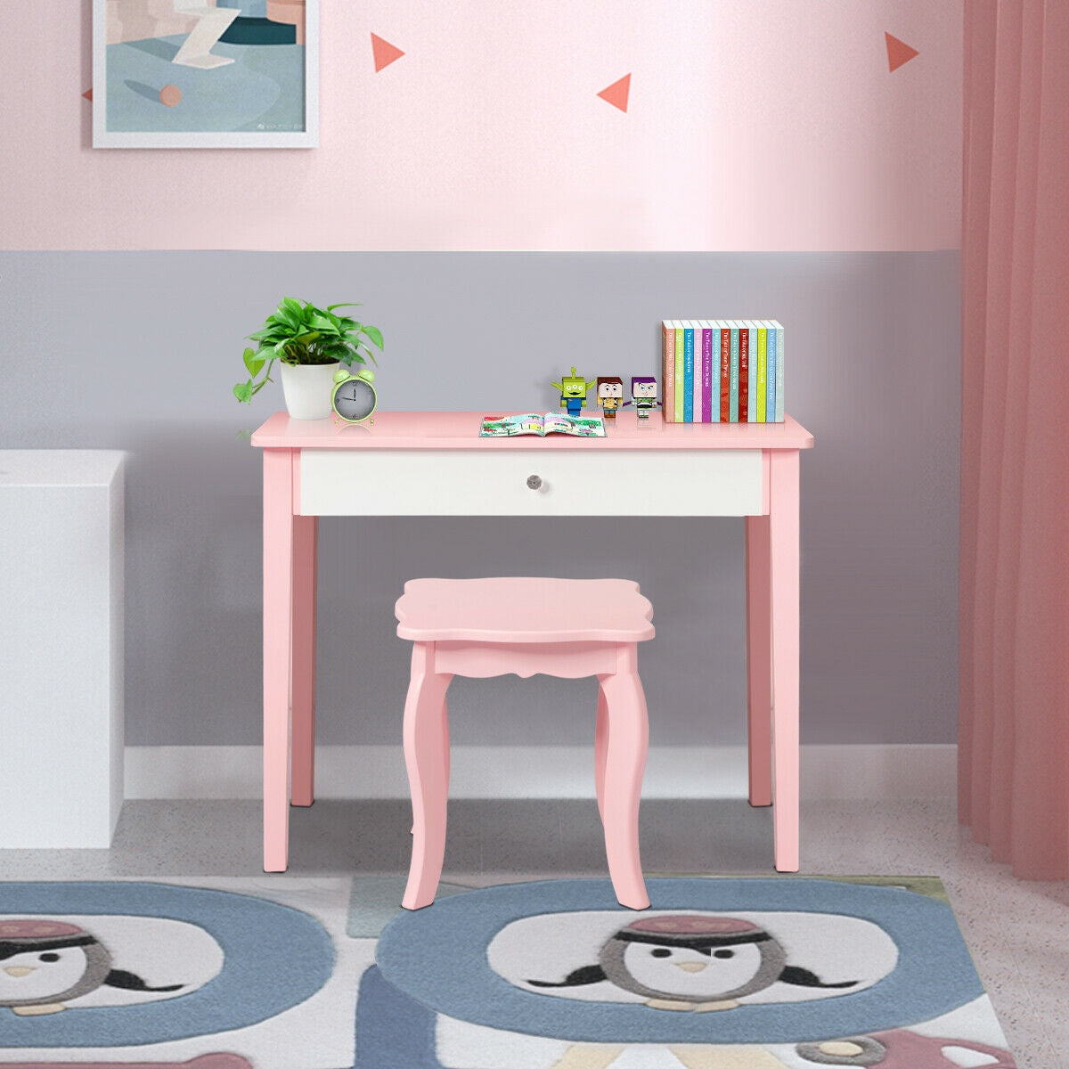 Kids Princess Make Up Dressing Table with Tri-folding Mirror and Chair-Pink Kids Crystal