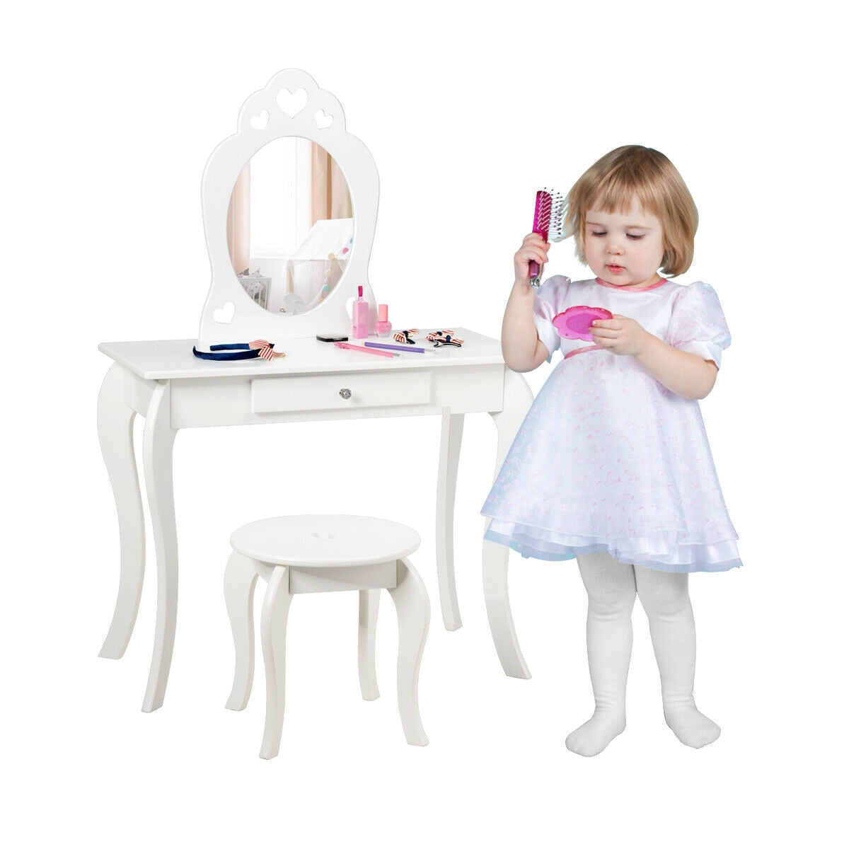 Kids Princess Makeup Dressing Play Table Set with Mirror -White Kids Crystal