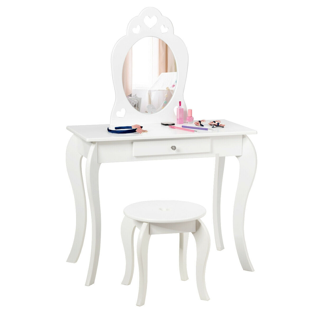 Kids Princess Makeup Dressing Play Table Set with Mirror -White Kids Crystal