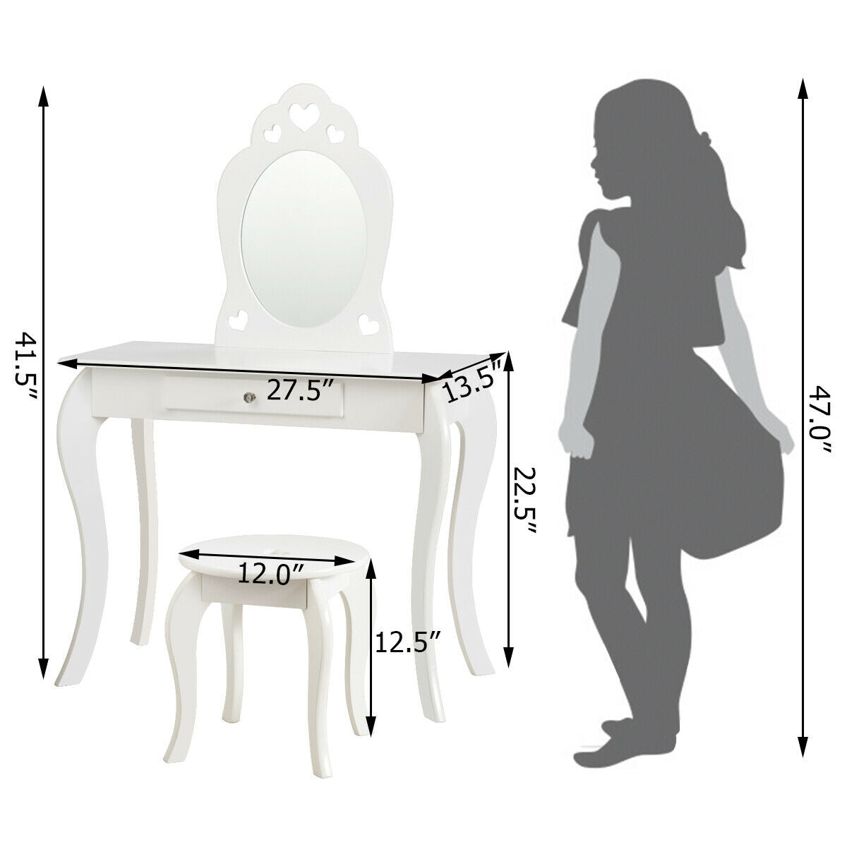 Kids Princess Makeup Dressing Play Table Set with Mirror -White Kids Crystal