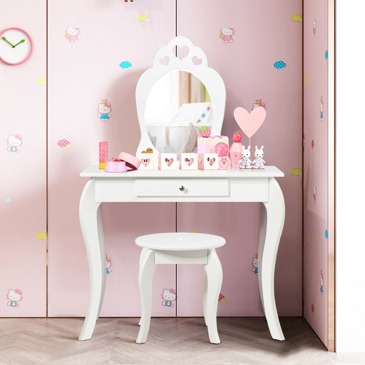 Kids Princess Makeup Dressing Play Table Set with Mirror -White Kids Crystal
