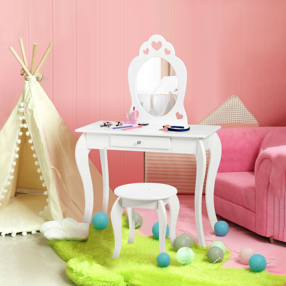 Kids Princess Makeup Dressing Play Table Set with Mirror -White Kids Crystal