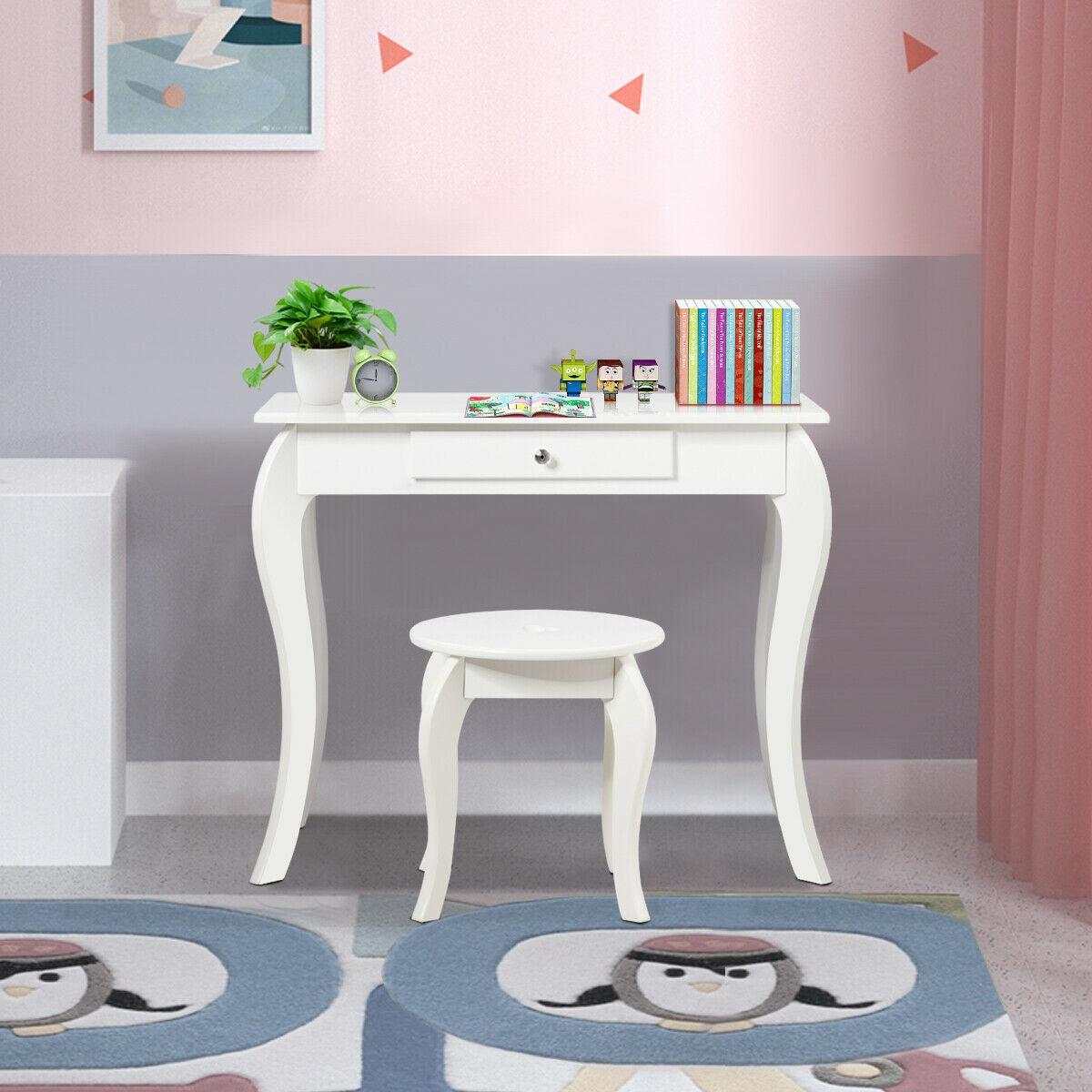 Kids Princess Makeup Dressing Play Table Set with Mirror -White Kids Crystal