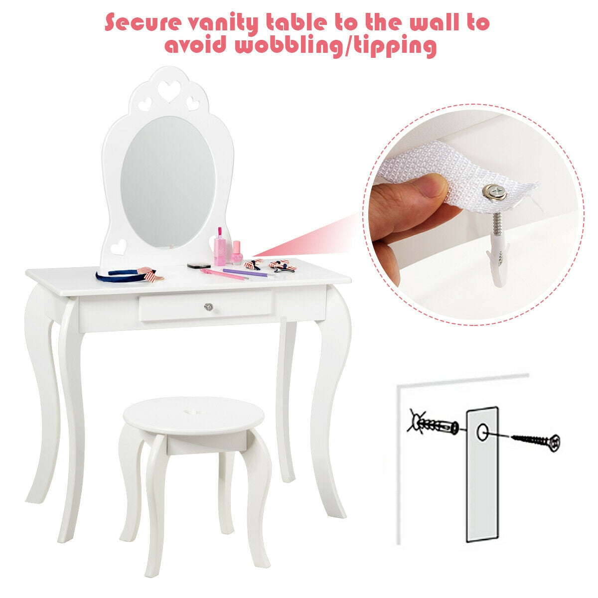 Kids Princess Makeup Dressing Play Table Set with Mirror -White Kids Crystal