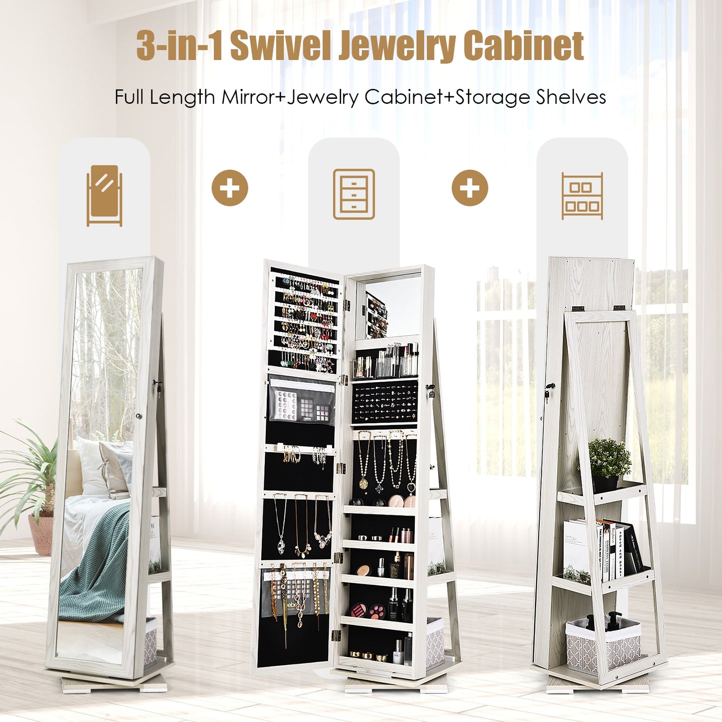 360° Rotatable 2-in-1 Lockable Jewelry Cabinet with Full-Length Mirror-White Kids Crystal