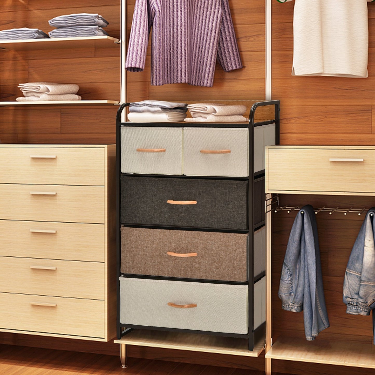 4-Tier Organizer Tower Steel Frame Wooden Top Storage with 5-Drawer Dresser-Muticolor Kids Crystal