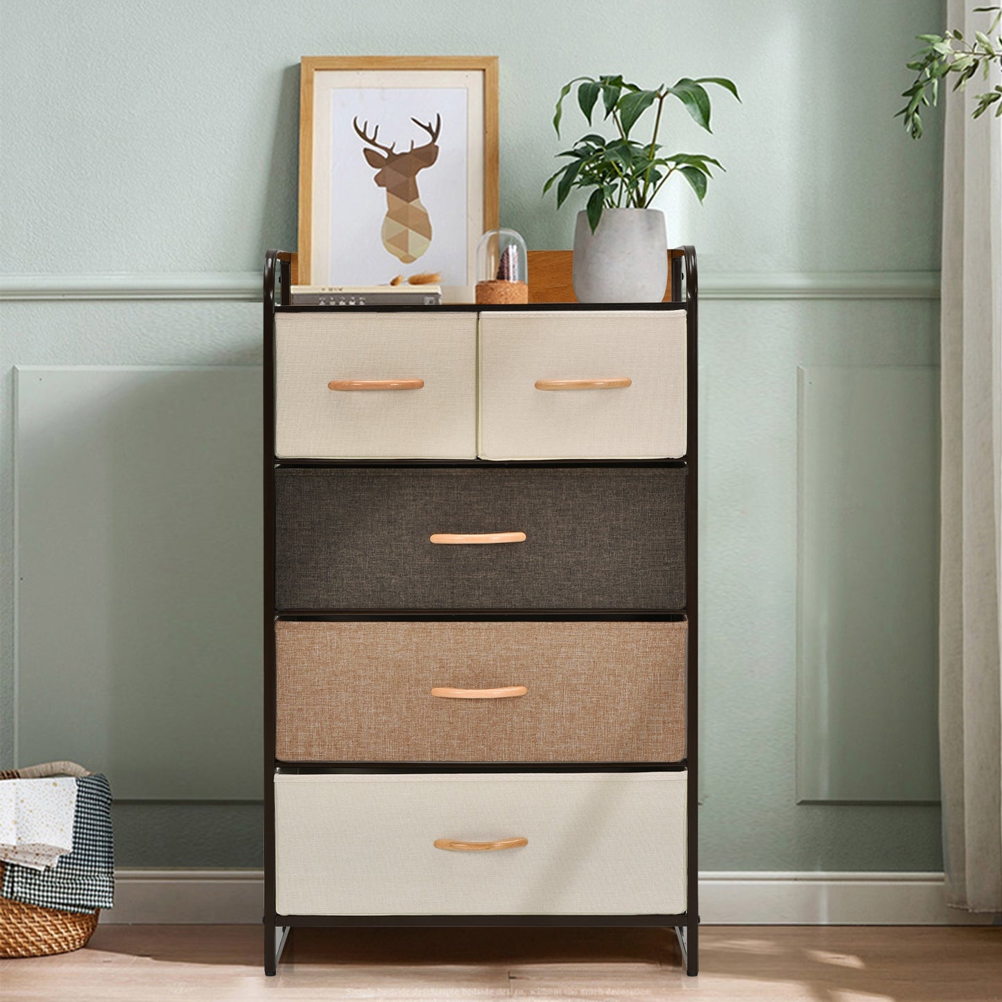 4-Tier Organizer Tower Steel Frame Wooden Top Storage with 5-Drawer Dresser-Muticolor Kids Crystal