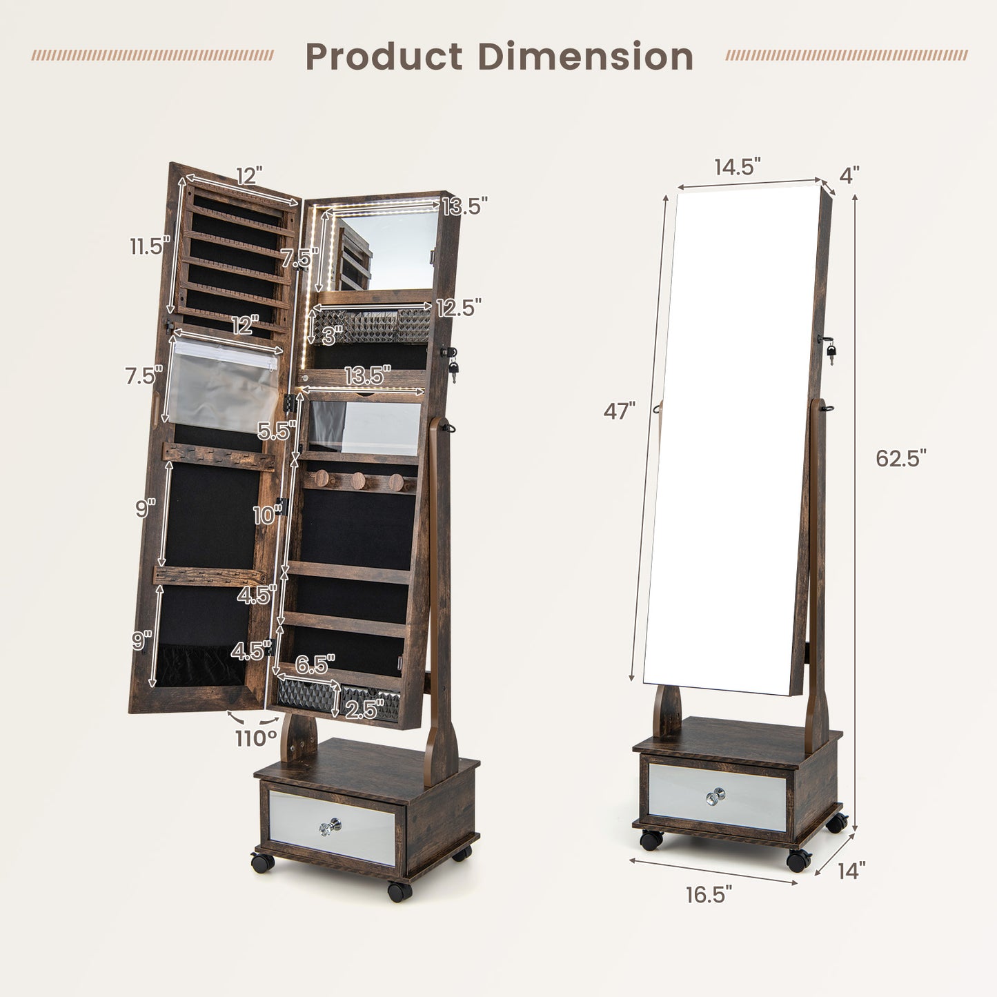 47 Inch Lockable Jewelry Cabinet Armoire with 3-Color LED Lights-Rustic Brown Kids Crystal