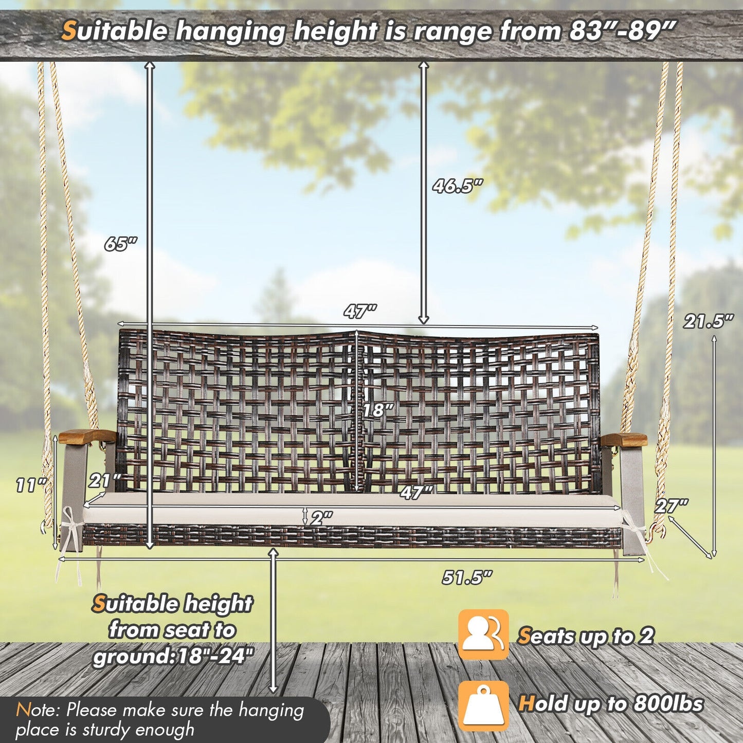 2-Person Rattan Hanging Porch Swing Chair-Off White Kids Crystal