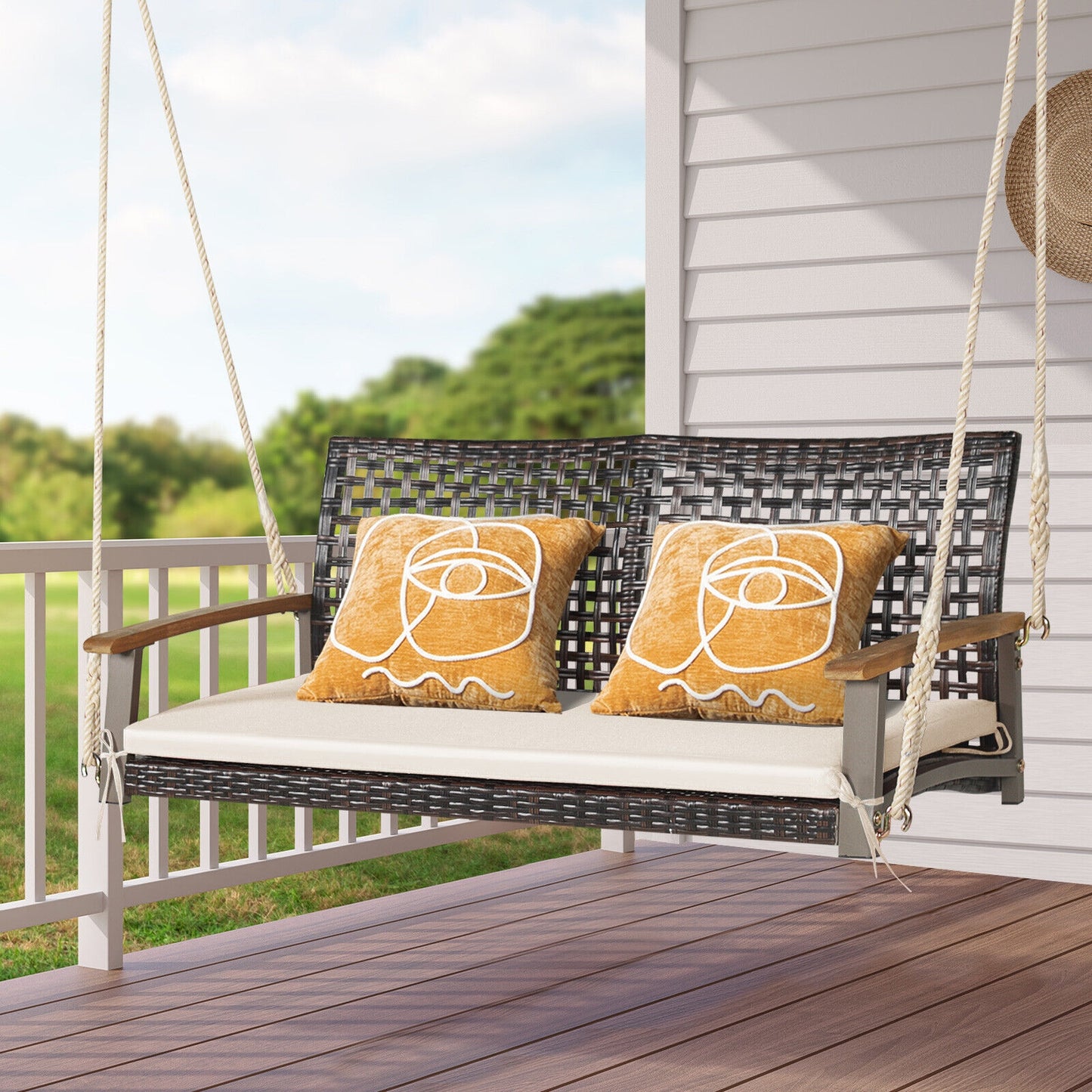 2-Person Rattan Hanging Porch Swing Chair-Off White Kids Crystal