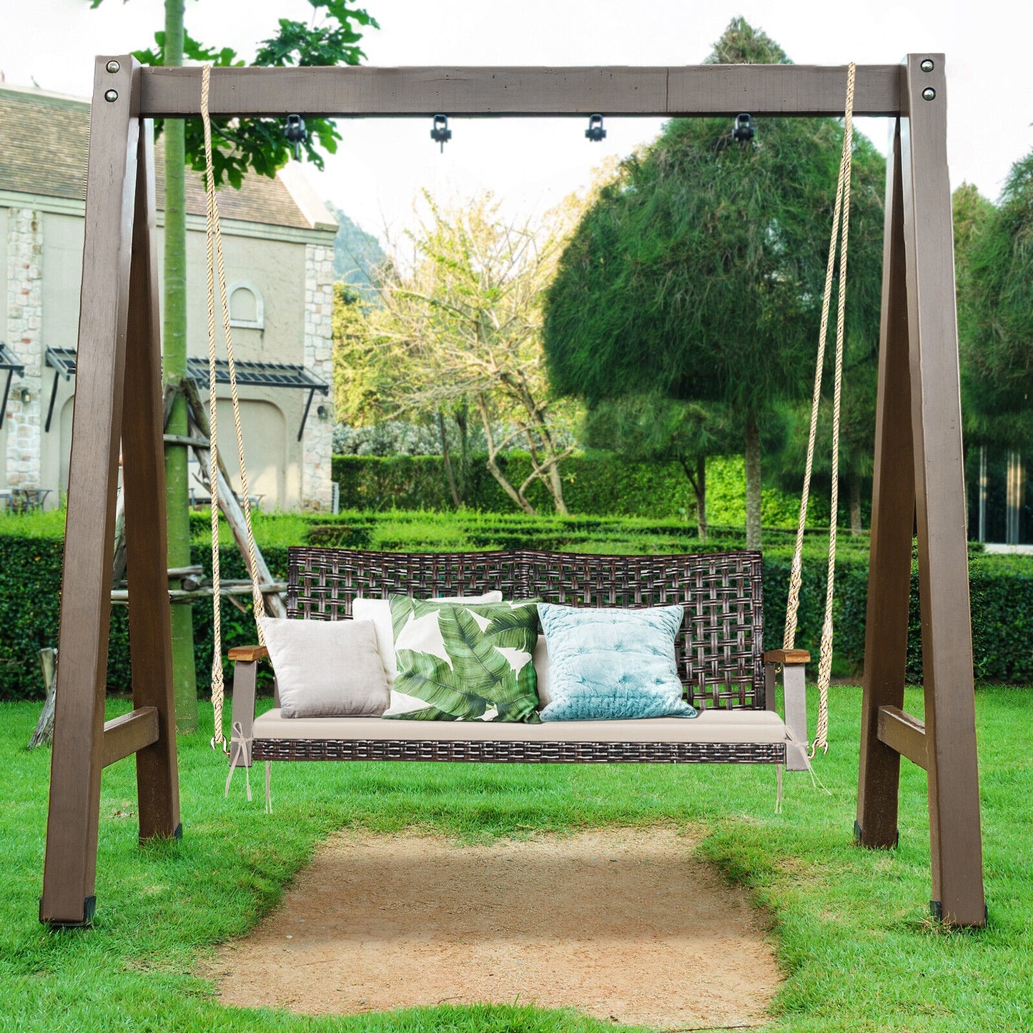 2-Person Rattan Hanging Porch Swing Chair-Off White Kids Crystal