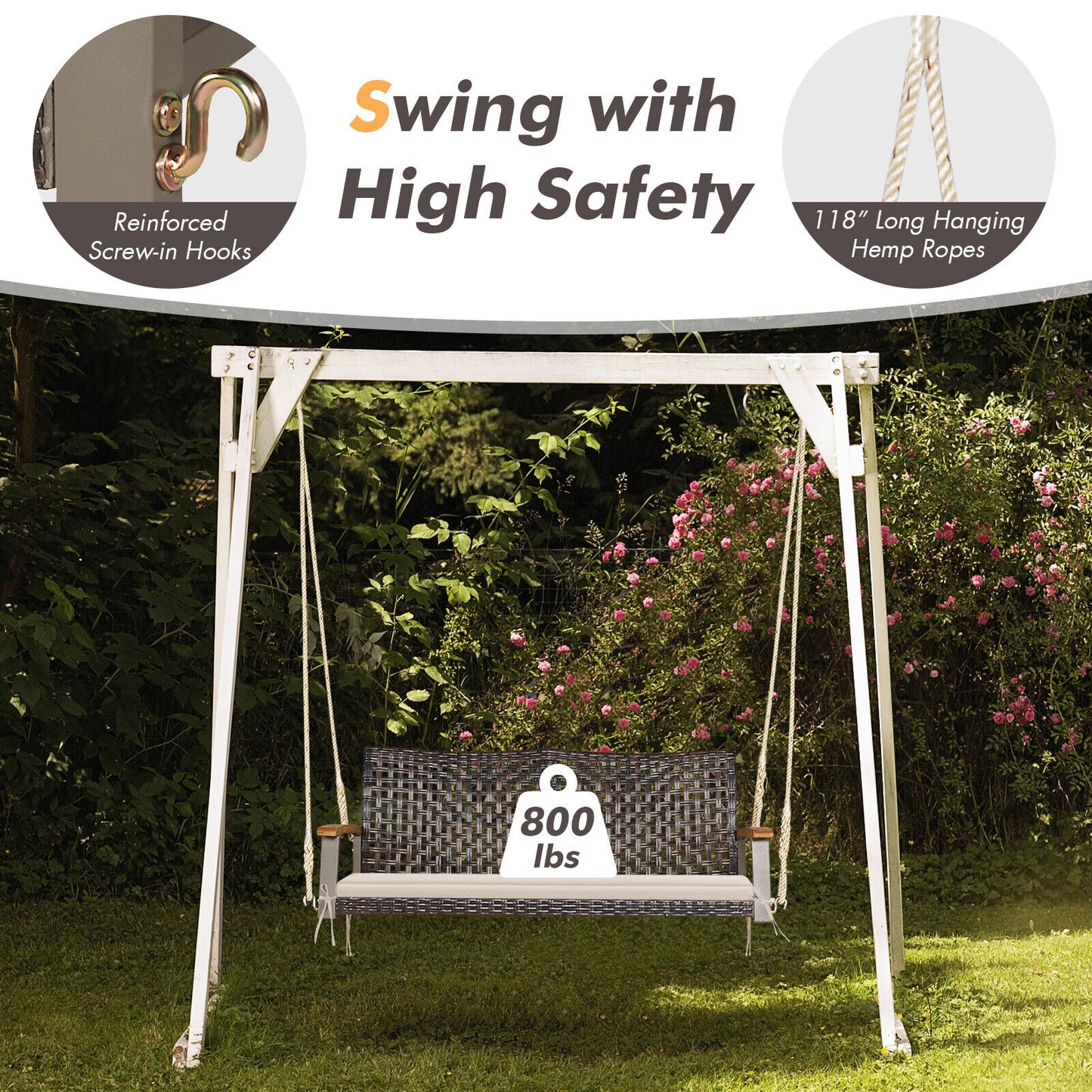 2-Person Rattan Hanging Porch Swing Chair-Off White Kids Crystal